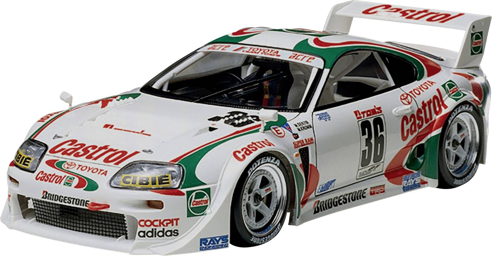 Une voiture de course blanche avec de la publicité Castrol en rouge et vert, portant le numéro 36 et des logos de sponsors, conçue pour la compétition automobile.