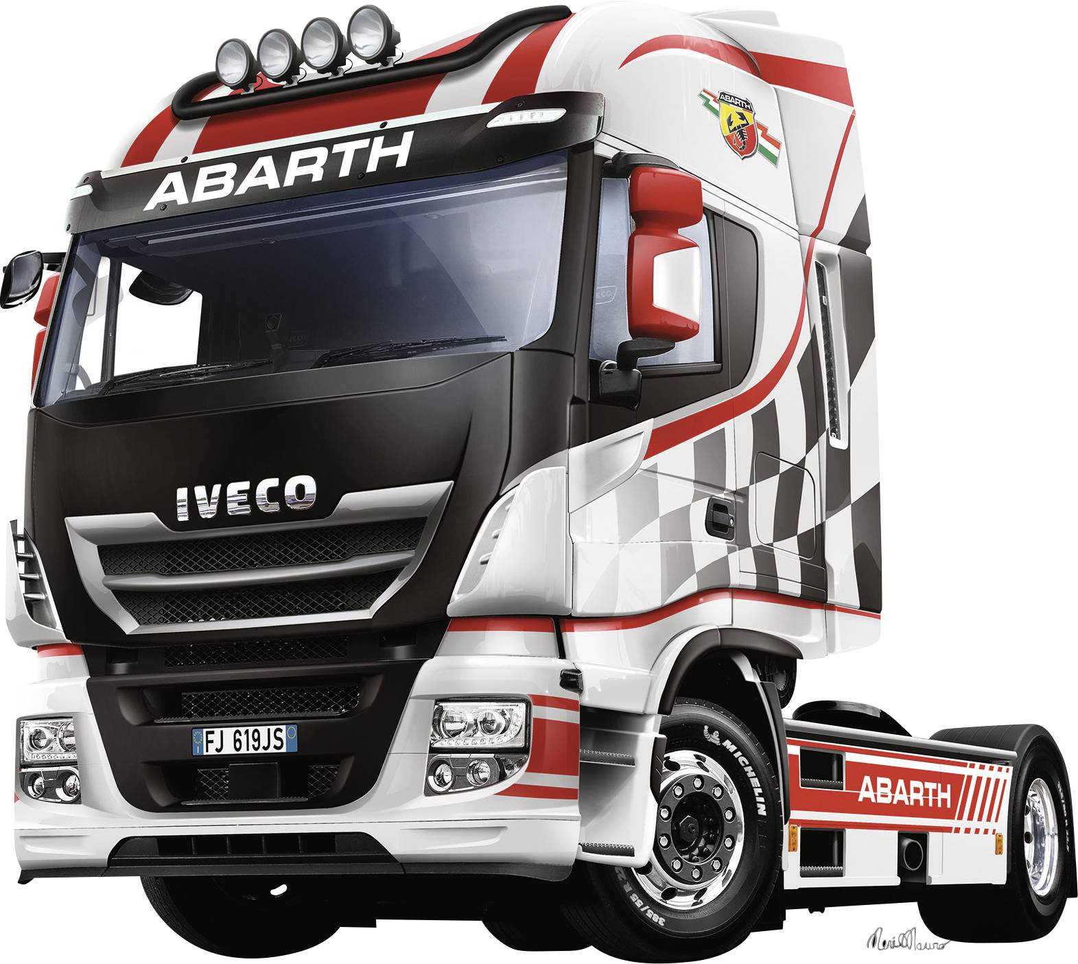 Un camion Iveco blanc avec des accents rouge et noir et le logo 'Abarth'. Le camion présente un design sportif et est placé sur un fond blanc.