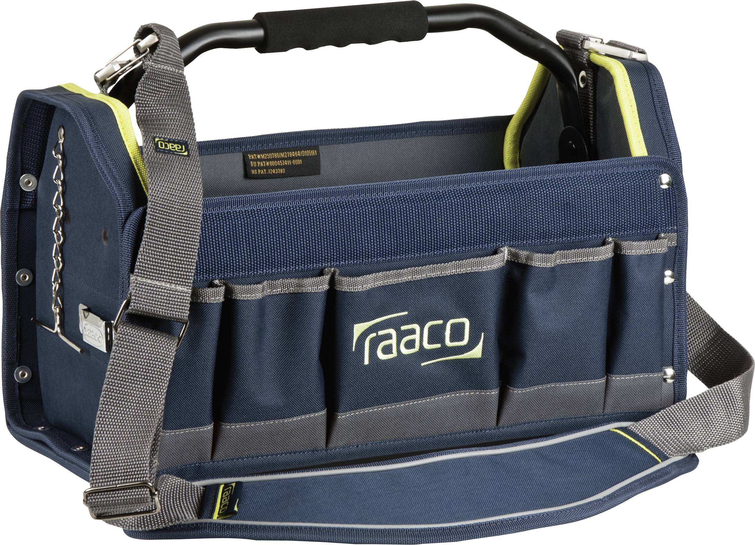 Une mallette à outils bleue avec plusieurs poches et une bandoulière. Le nom de marque 'raaco' est imprimé visiblement sur le côté.