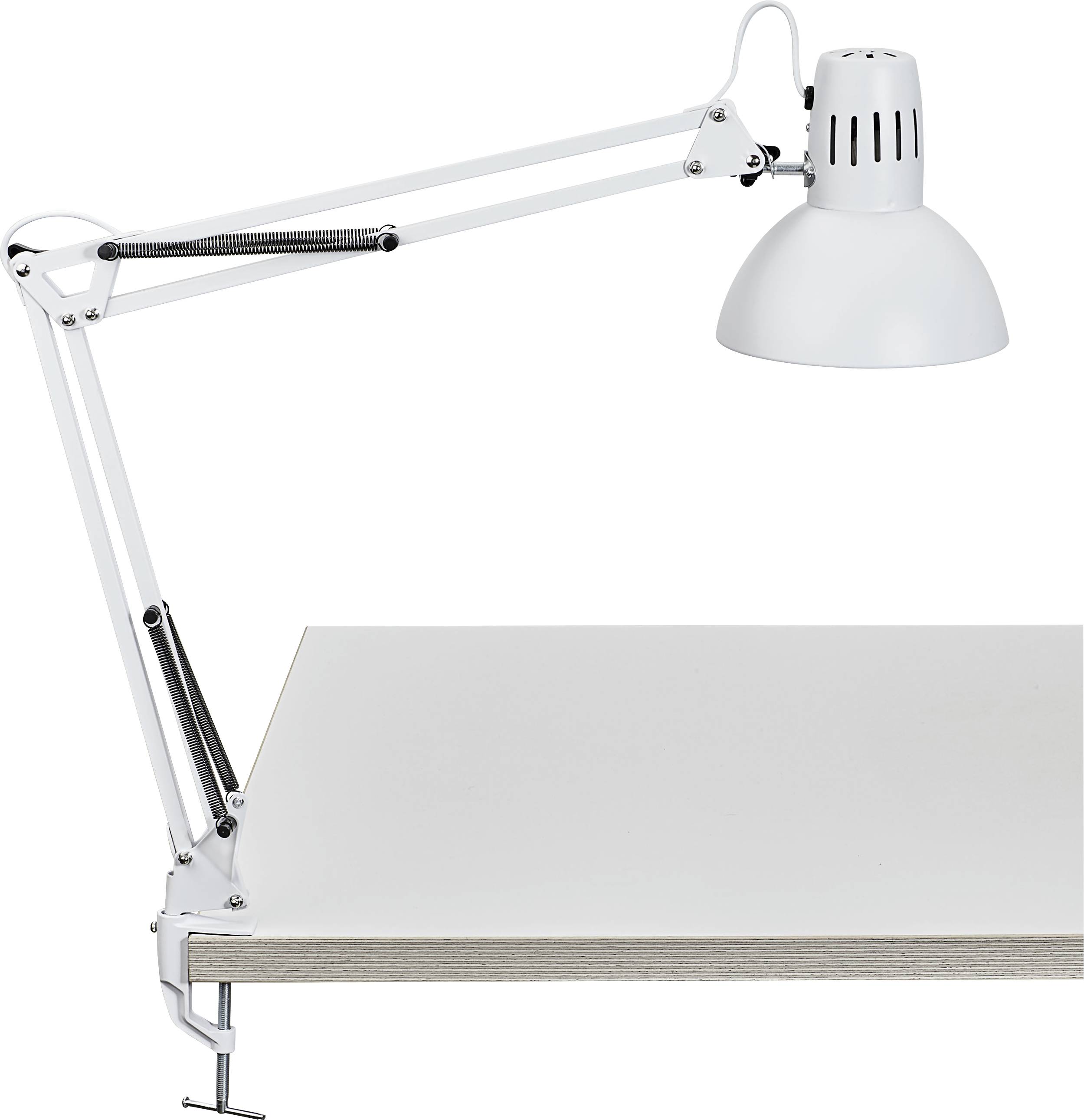 Lampe de bureau blanche à bras articulé, fixée au coin d'une table en bois.