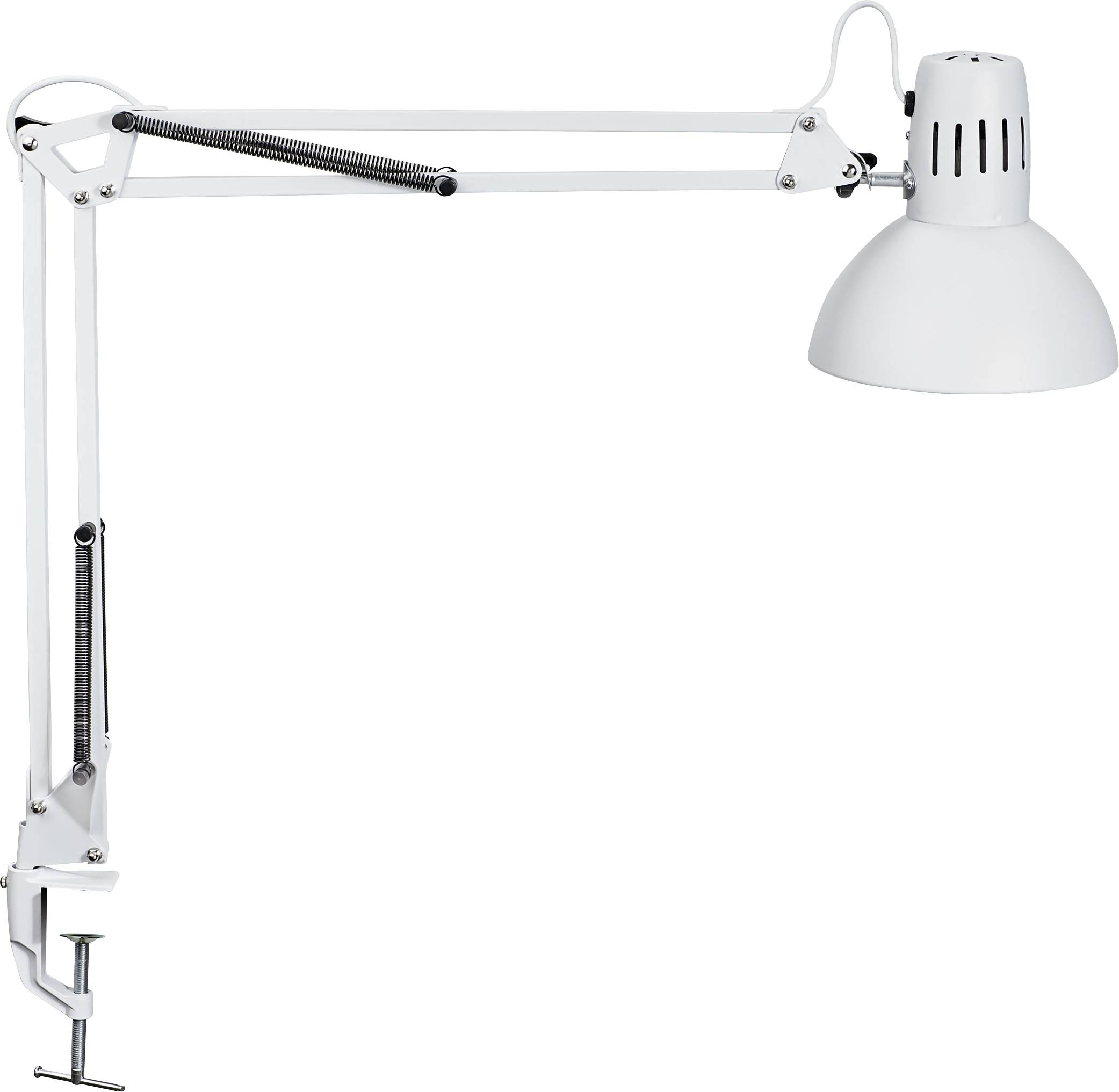 Lampe de bureau blanche avec bras et abat-jour réglables, fixée au bord de la table, idéale pour un éclairage ciblé.