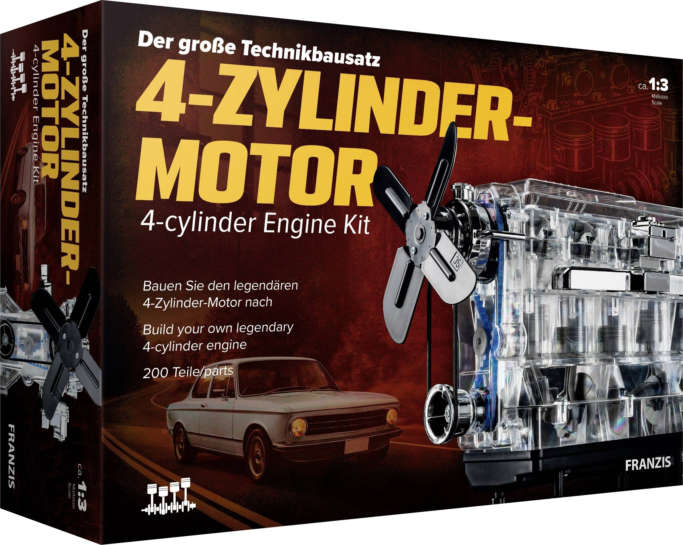 Boîte de produit pour un modèle réduit de « moteur 4-cylindres », montrant un moteur 4-cylindres transparent et une voiture vintage, avec texte du titre en allemand et anglais.