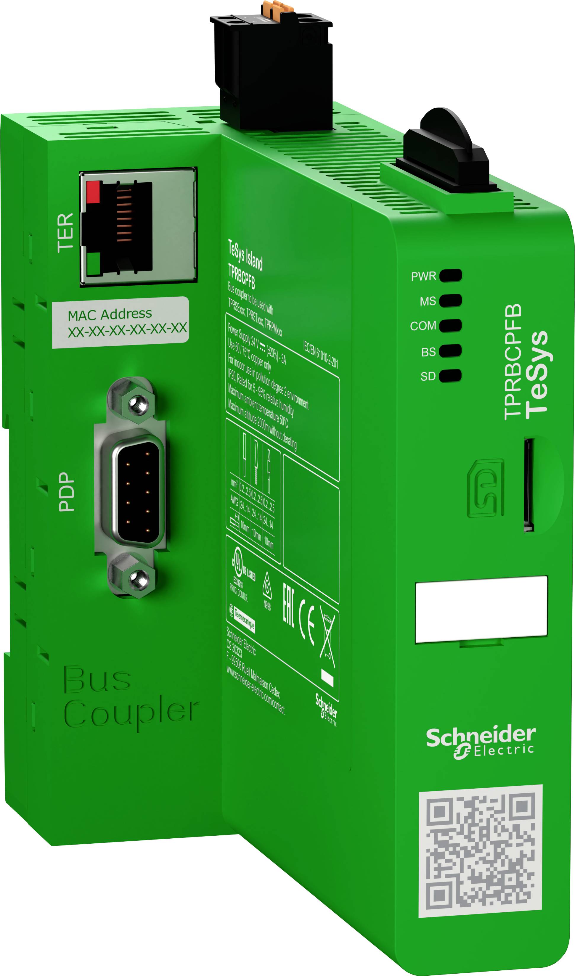 Module vert avec connexions et interfaces, marqué 'Schneider Electric TeSys'. Contient des connexions de réseau et de système de bus.