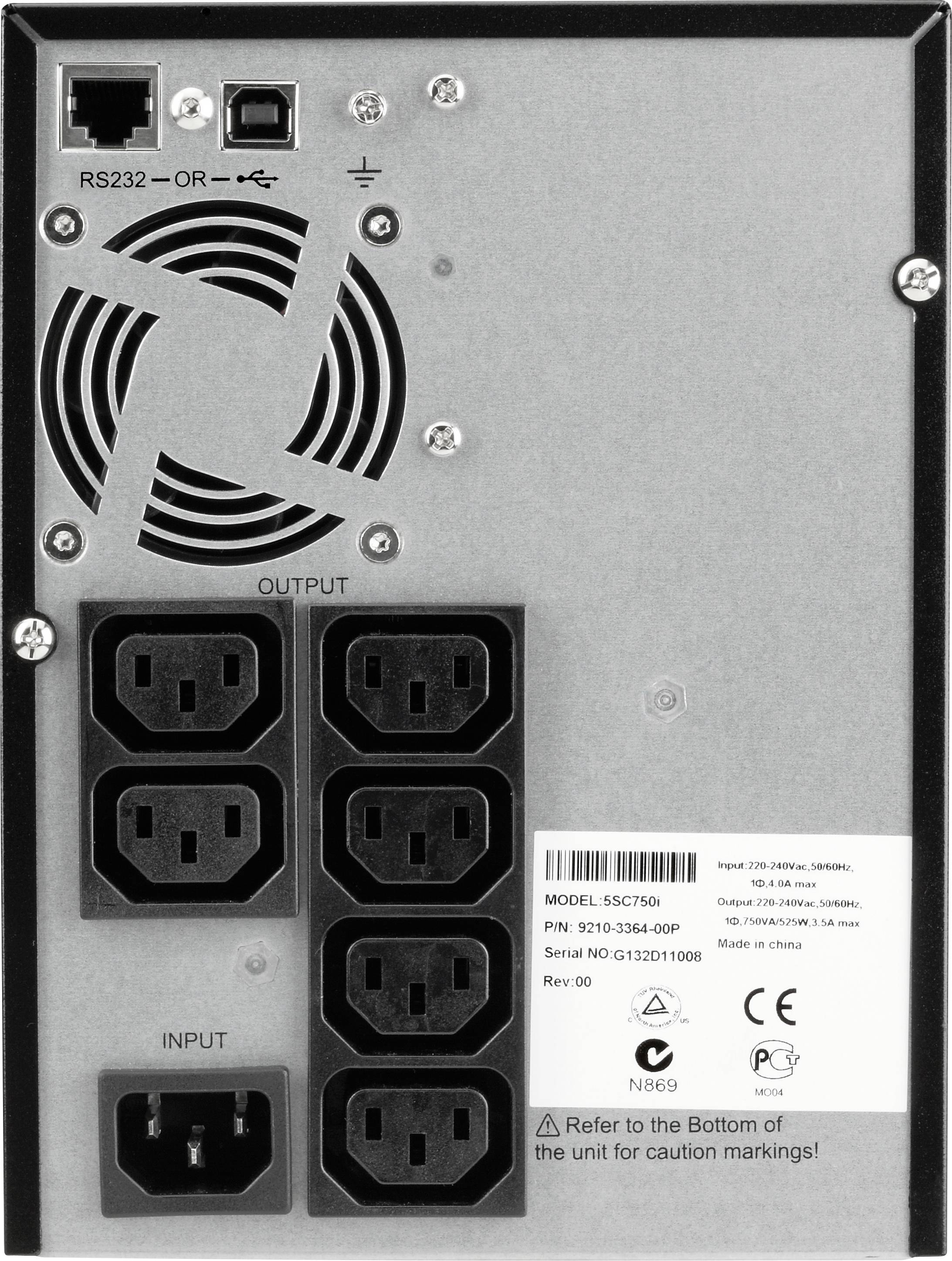 Dos d'un boîtier d'alimentation électrique avec six prises de sortie, un ventilateur en haut, une connexion RS232 et divers marquages pour le modèle et le numéro de série.