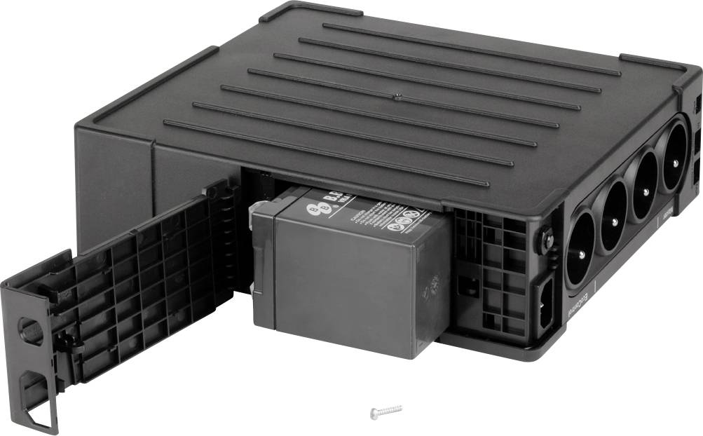 Un appareil électronique noir avec plusieurs prises électriques et un module amovible. Une petite vis est posée devant.