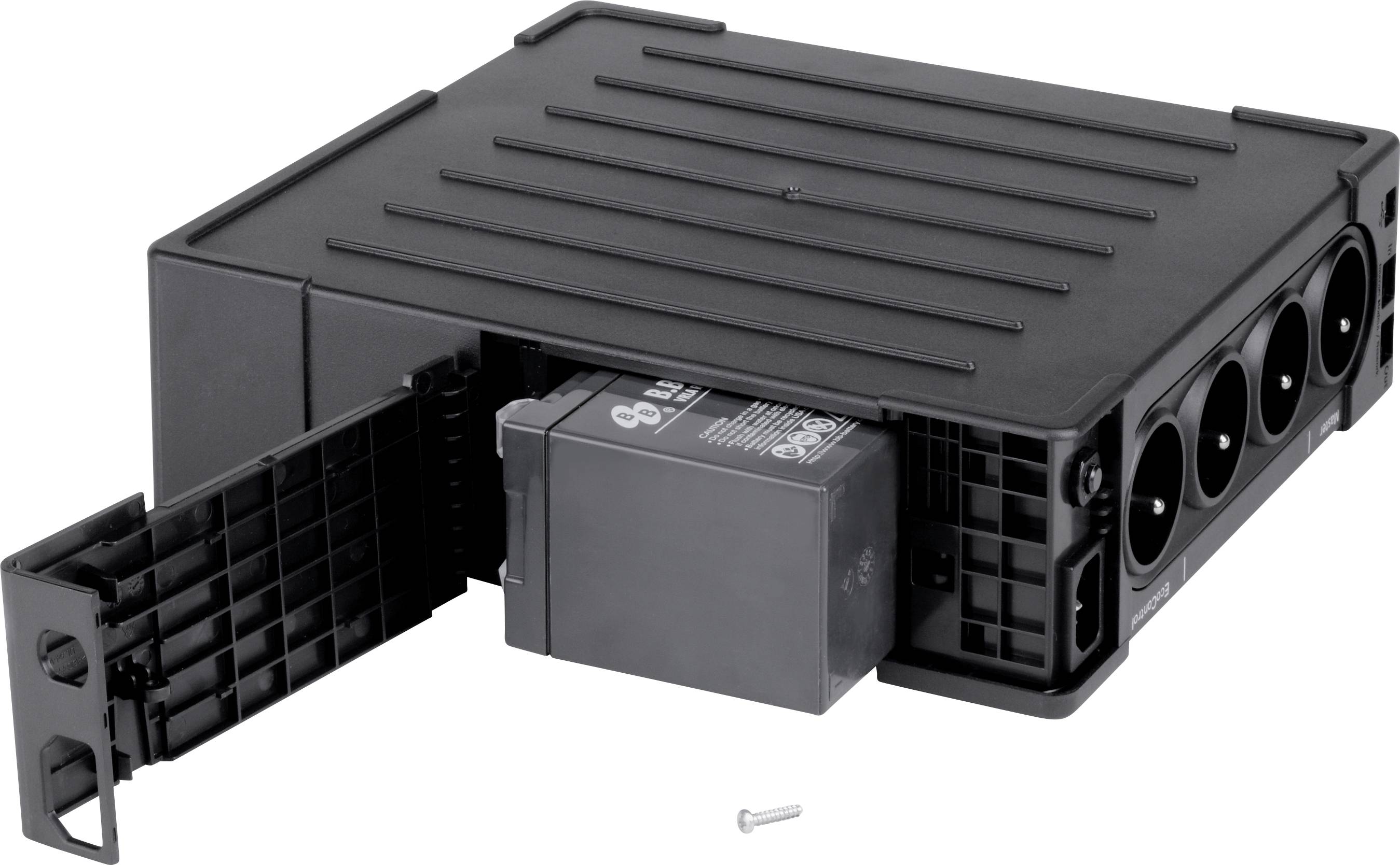 Un boîtier électrique noir de distribution avec un côté ouvert et un disjoncteur visible. Une vis est posée à côté.