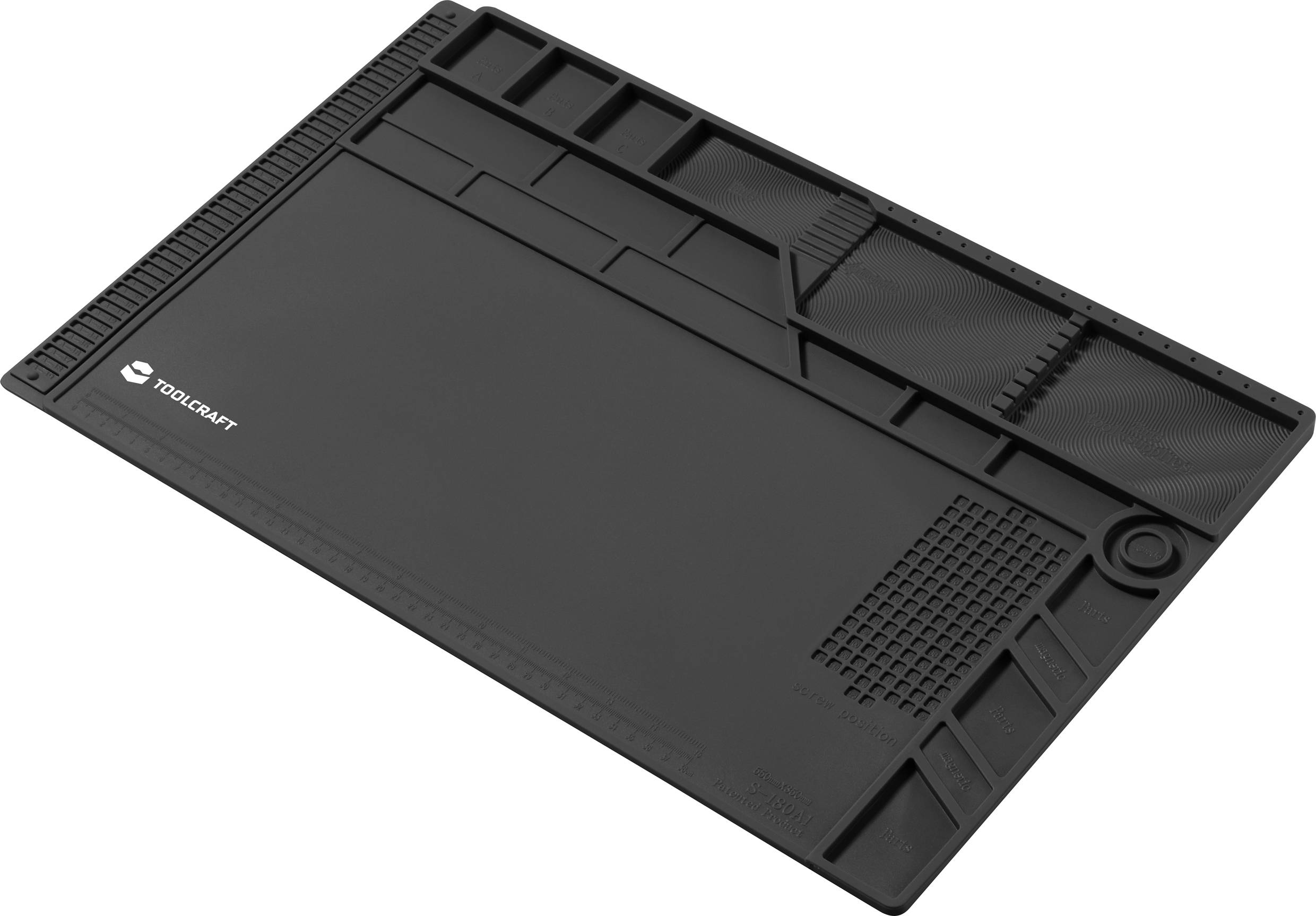 Tapis de silicone noir résistant à la chaleur, à plusieurs compartiments et avec des lignes de grille, idéal pour les travaux de soudure et les réparations électroniques.