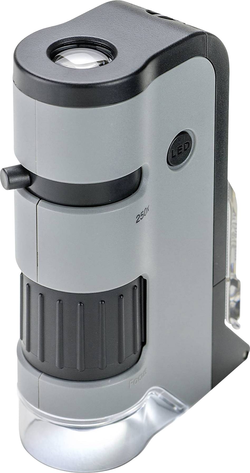 Microscope portable avec grossissement 25x et éclairage LED, adapté pour une utilisation en laboratoire ou dans le domaine éducatif.