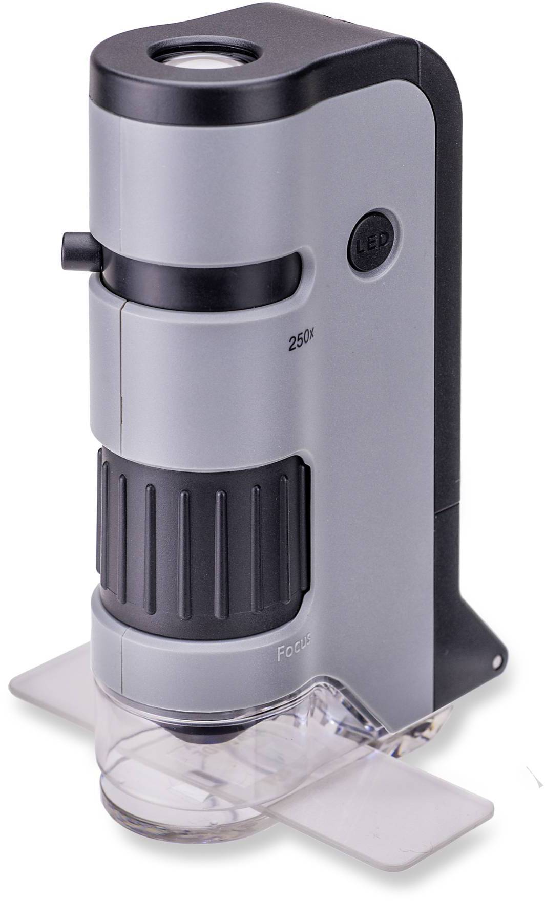 Un microscope numérique portable avec un grossissement de 250x et un éclairage LED, adapté pour des gros plans de petits objets.
