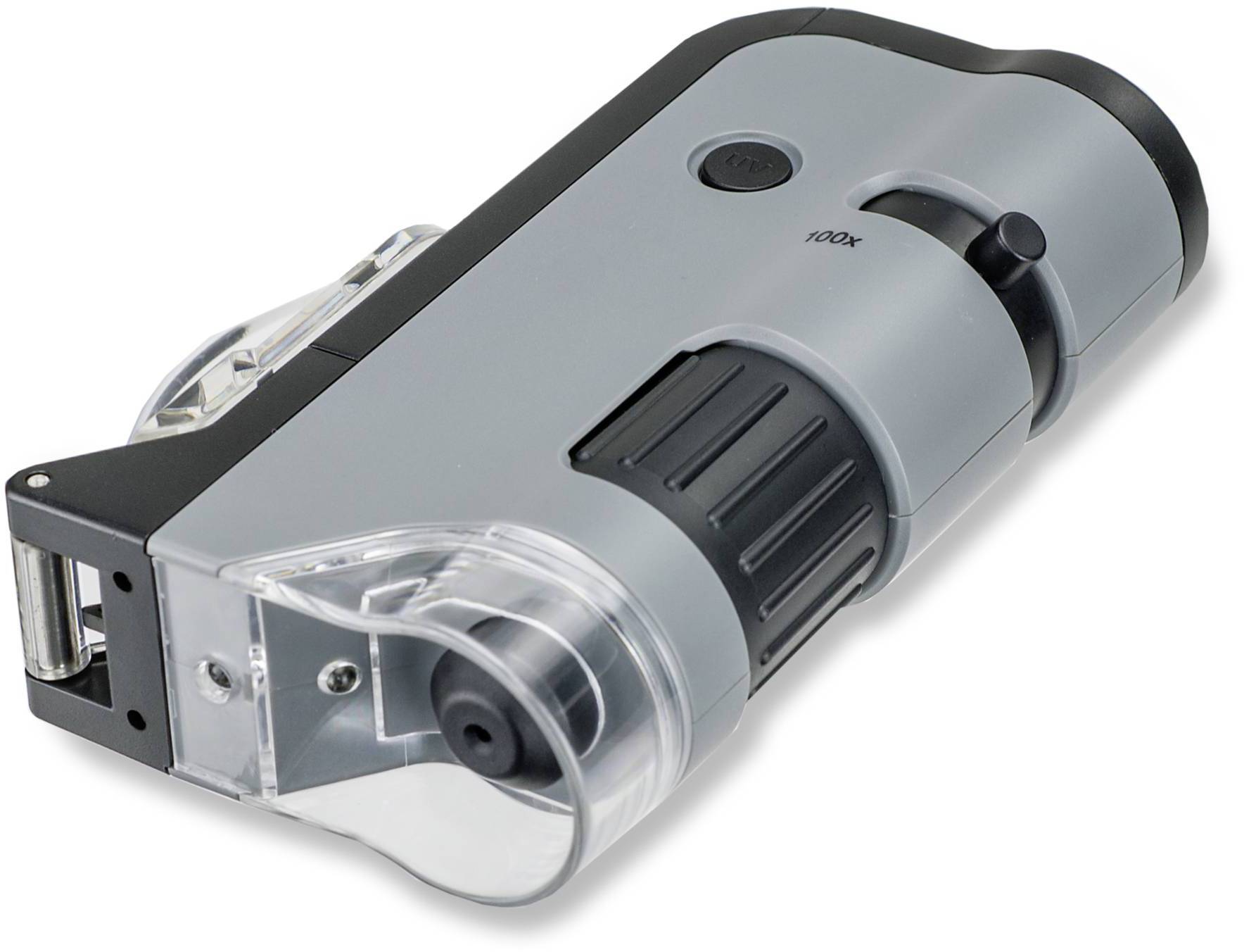 Microscope portable en argent avec poignée noire et molette de mise au point. Idéal pour un grossissement détaillé lors de vos déplacements.