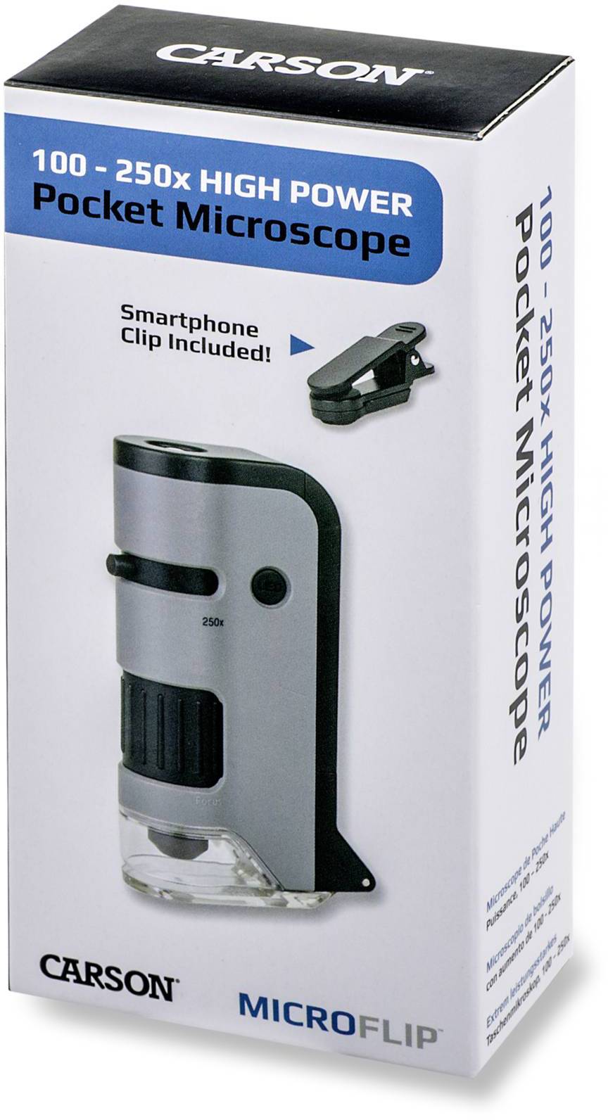Microscope de poche avec grossissement de 100 à 250 fois, clip pour smartphone inclus. Marque : Carson, Modèle : MicroFlip.