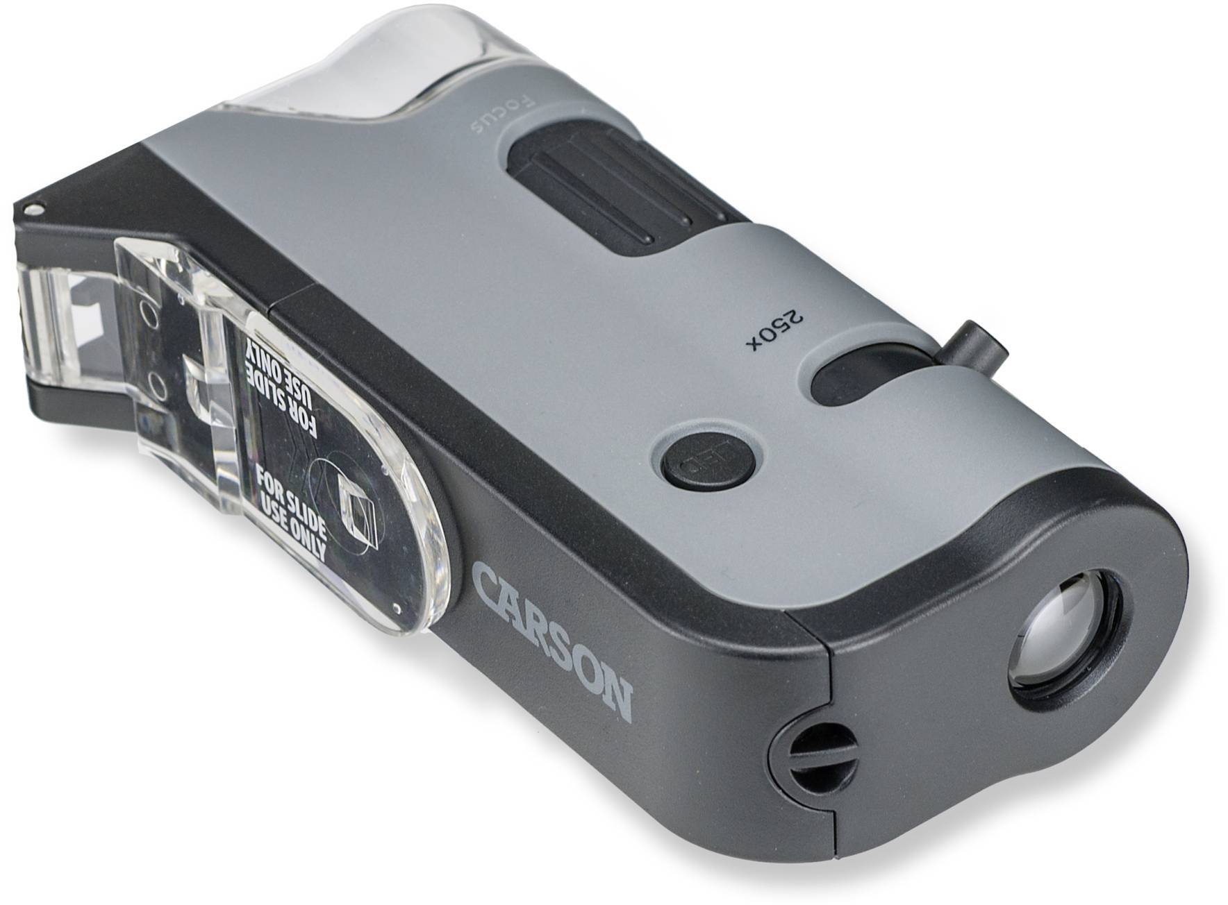 Microscope portable de poche en gris et noir avec un grossissement de 250x, adapté pour une utilisation à l'école ou à la maison.