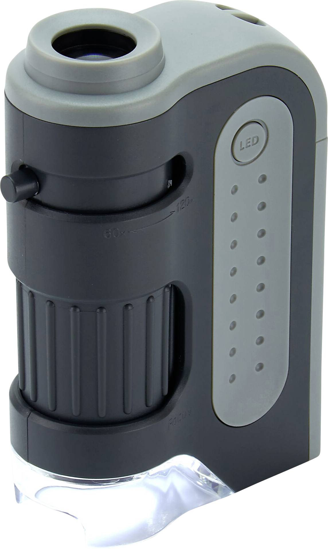 Microscope compact à main avec éclairage LED, poignée antidérapante et réglage du grossissement. Idéal en déplacement ou à la maison.