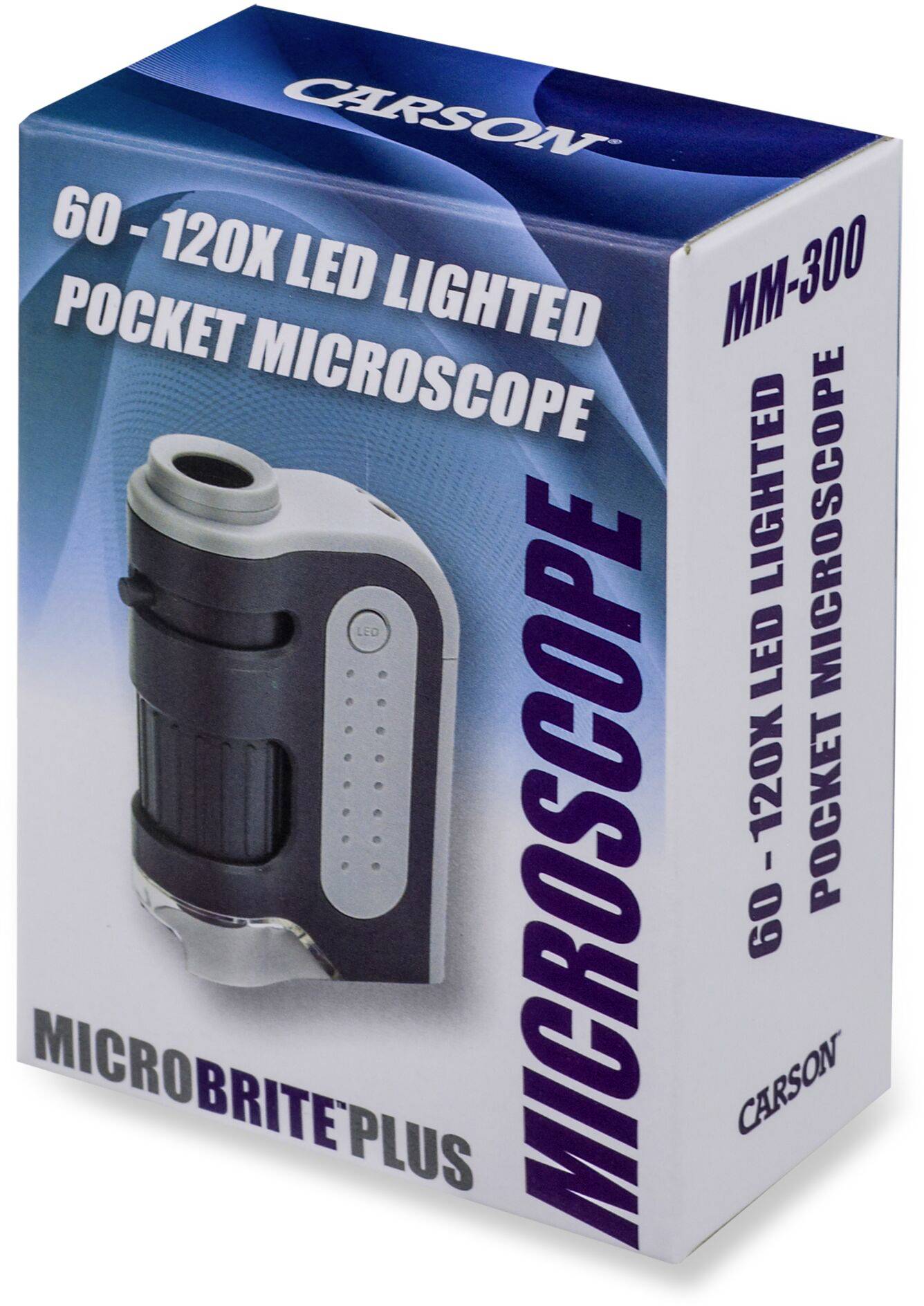 Emballage du 'Carson MicroBrite Plus', un microscope de poche avec éclairage LED grossissant de 60 à 120x, image du microscope sur un fond bleu.