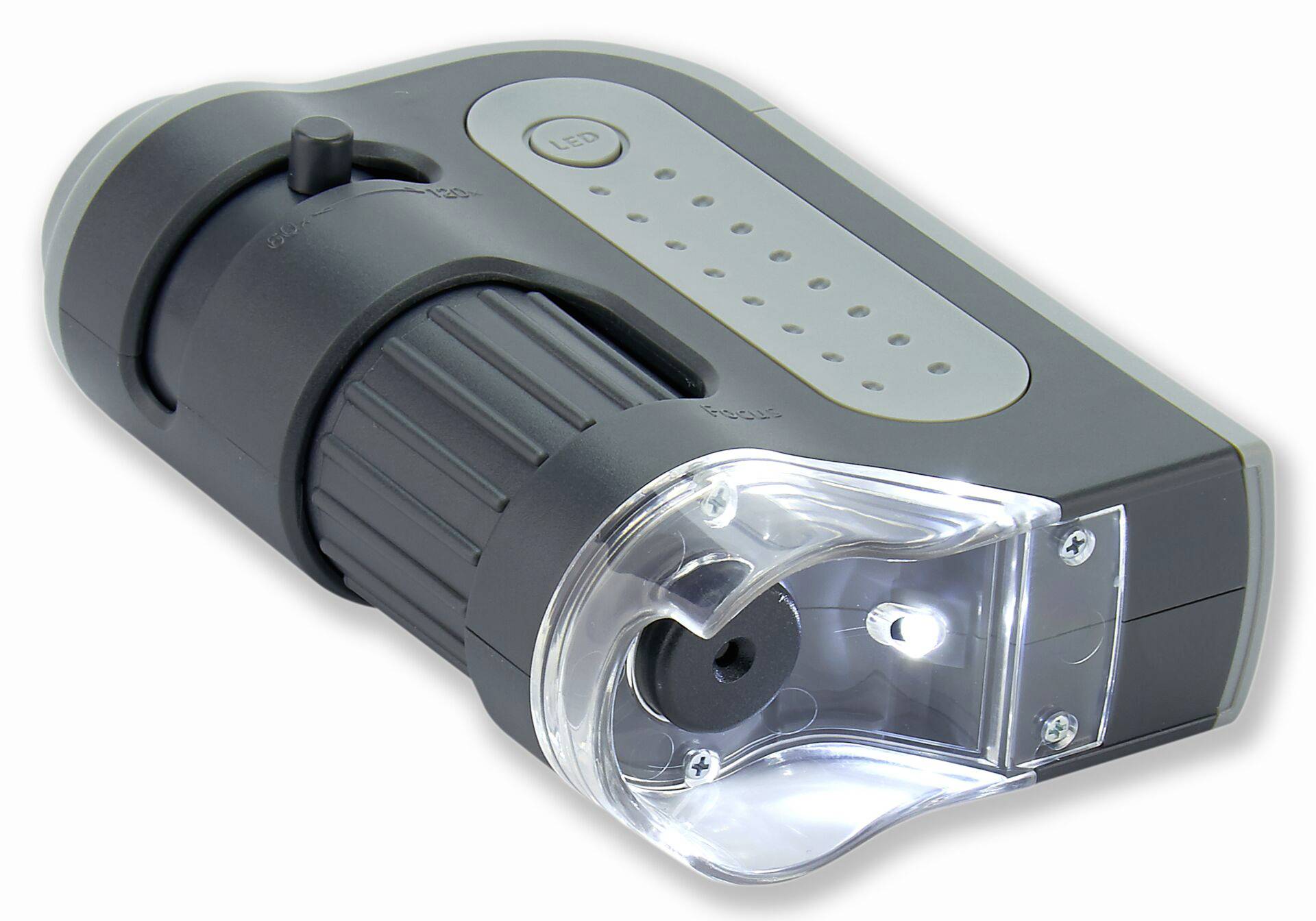 Lampe de poche à éclairage LED avec poignée ajustable, design gris et noir, adaptée aux activités de plein air.