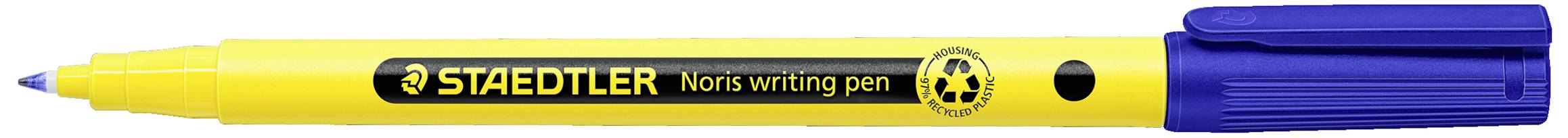 Stylo jaune avec capuchon bleu et pointe bleue, marqué 'STAEDTLER' et 'kurs writing pen', posé horizontalement.