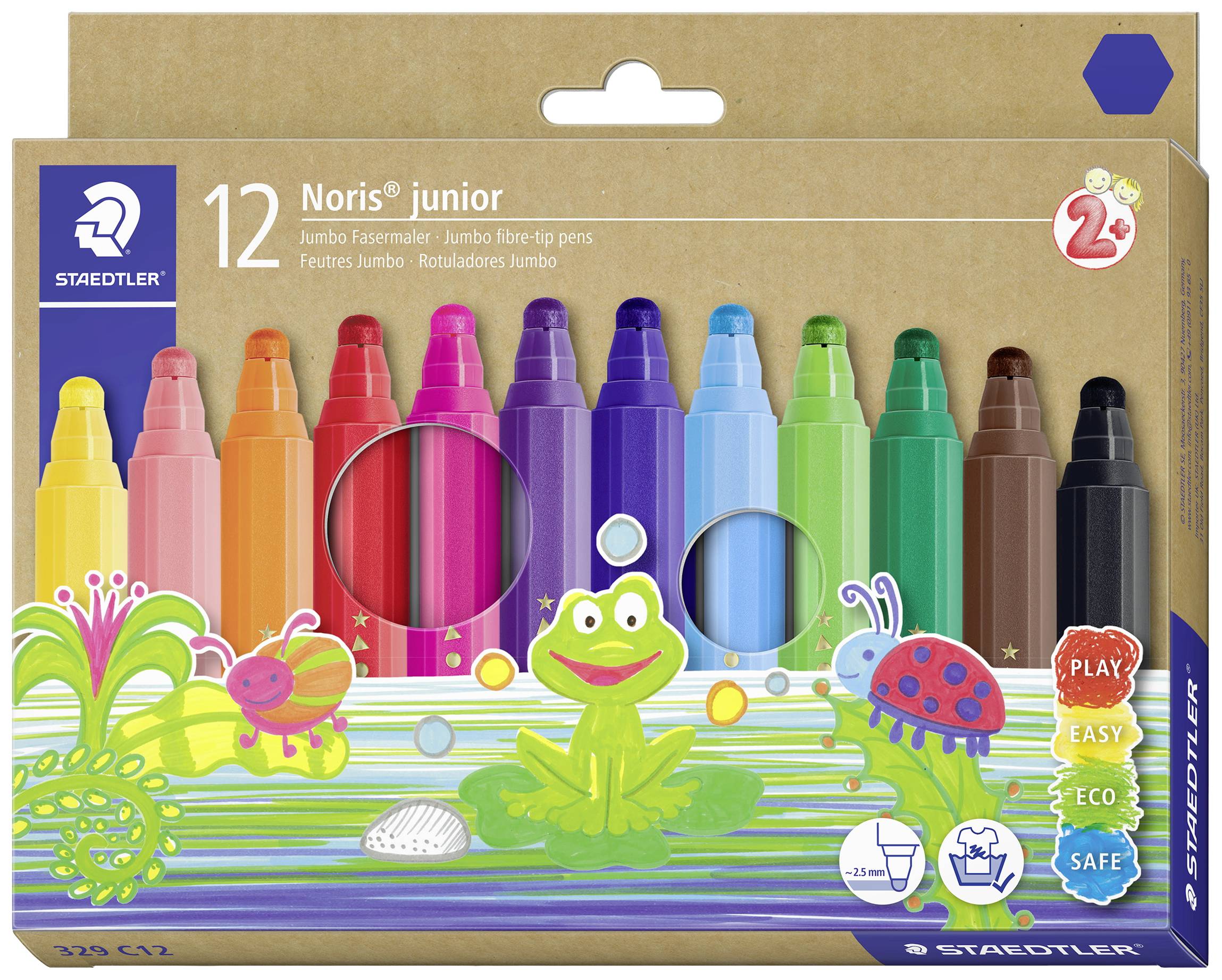 Paquet de 12 feutres géants colorés pour enfants, nom de la marque en haut à gauche. Face avant illustrée d'une grenouille et d'une coccinelle.
