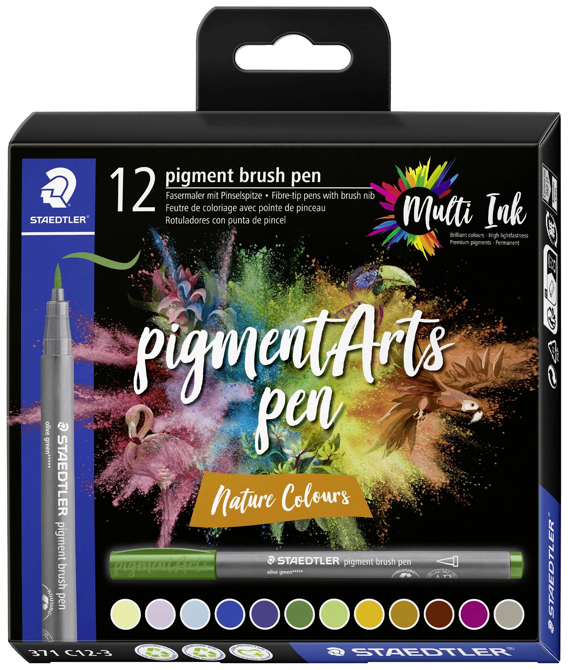 Boîte de 12 crayons pigmentés Arts de Staedtler aux couleurs naturelles. Différentes couleurs et pointes de pinceau présentées.