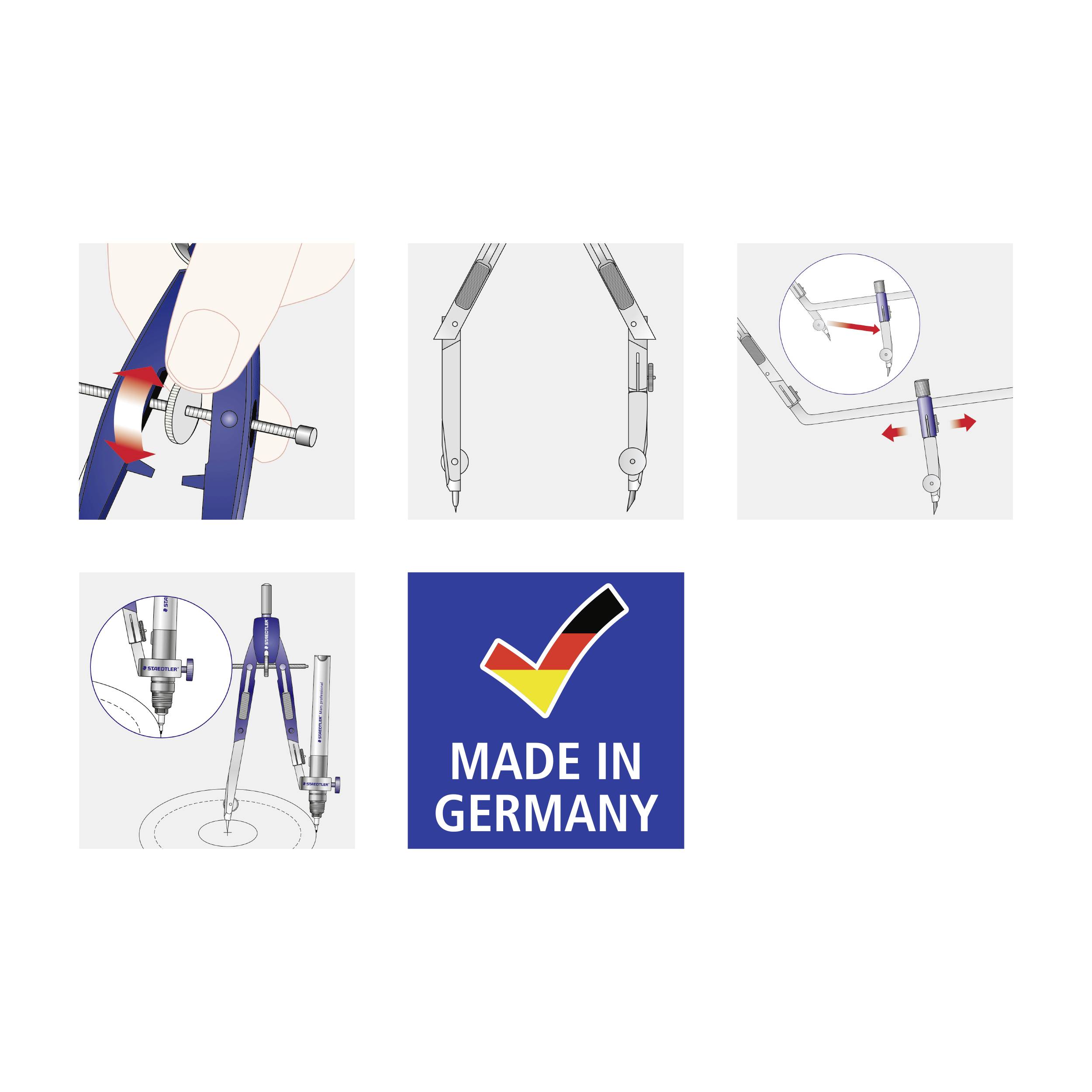 Cinq images montrent l'utilisation d'un compas bleu et l'étiquette 'Made in Germany'. Le compas est ajusté et réglé.