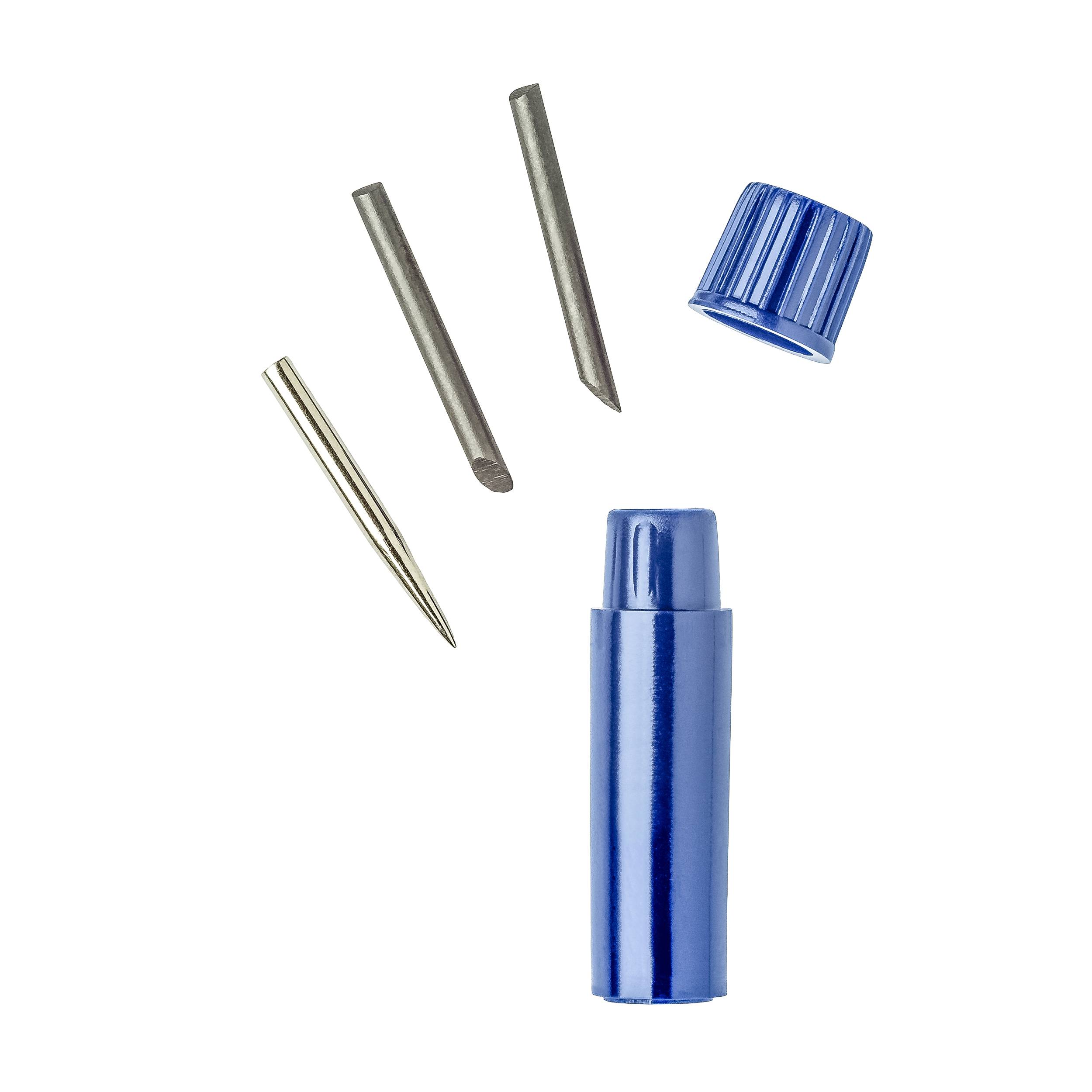 Outil bleu avec capuchon amovible et quatre pointes métalliques interchangeables pour des travaux de précision.