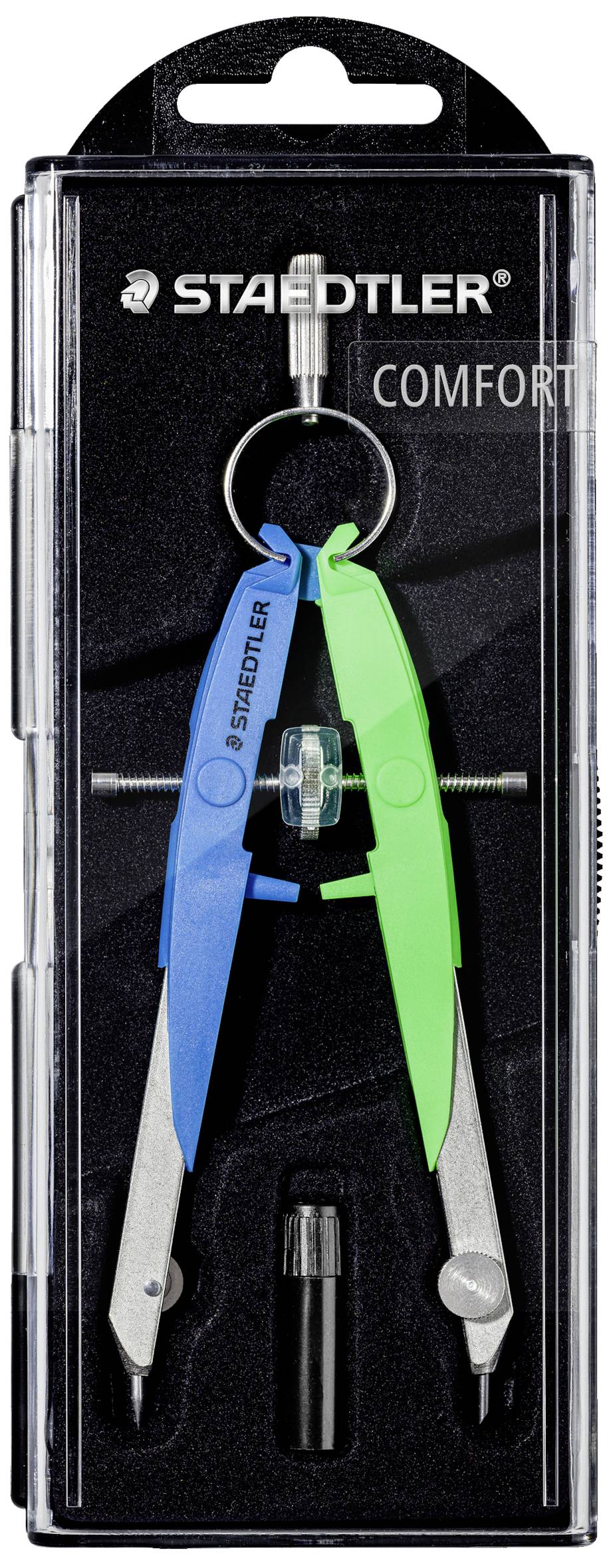 Un compas bleu et vert de la marque Staedtler Comfort, emballé dans un étui transparent à fond noir.