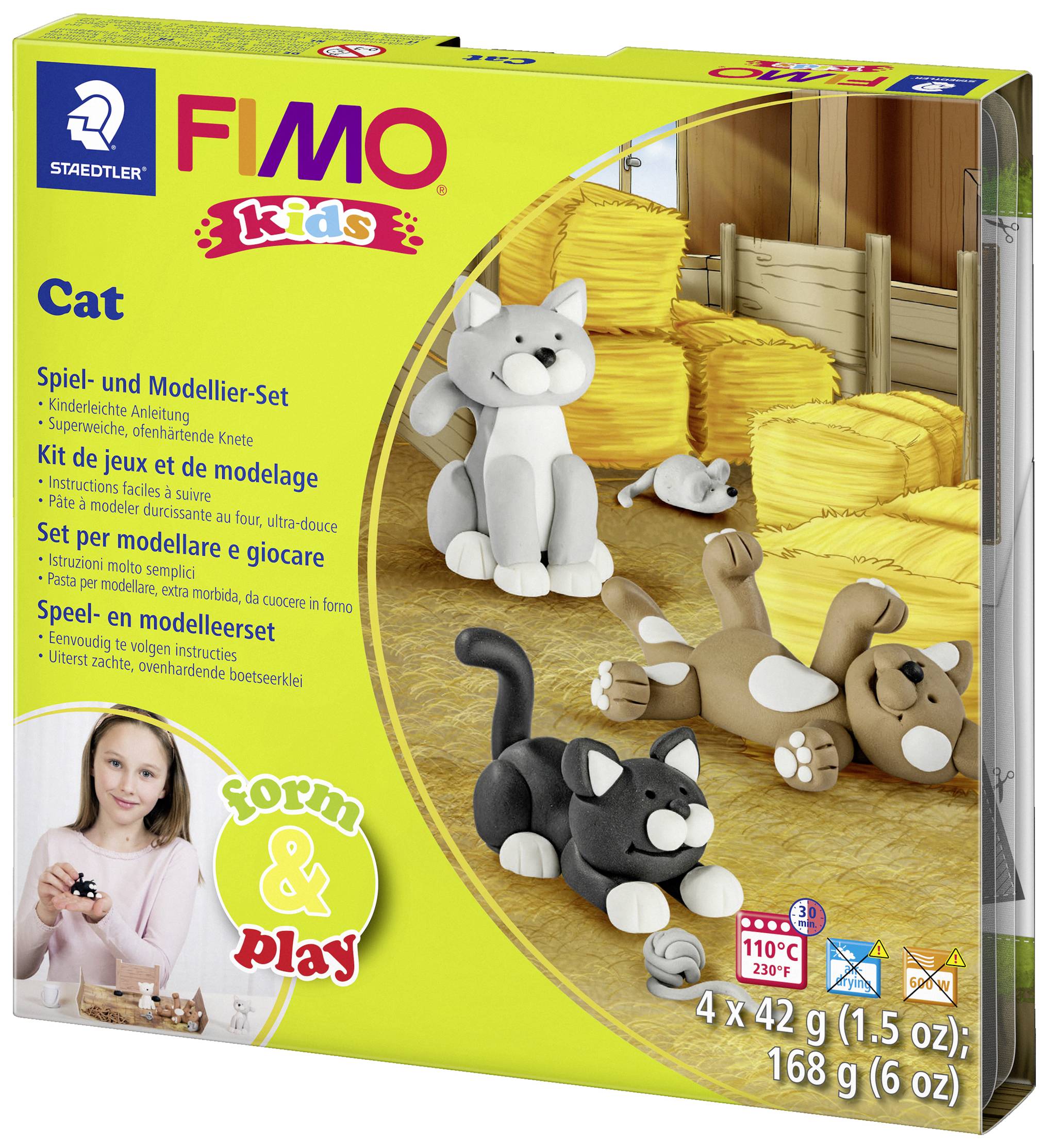 Un emballage de FIMO Kids avec un set de modelage 'Chat'. Montre des modèles de chats sculptés dans une ferme, adapté aux enfants à partir de 5 ans.
