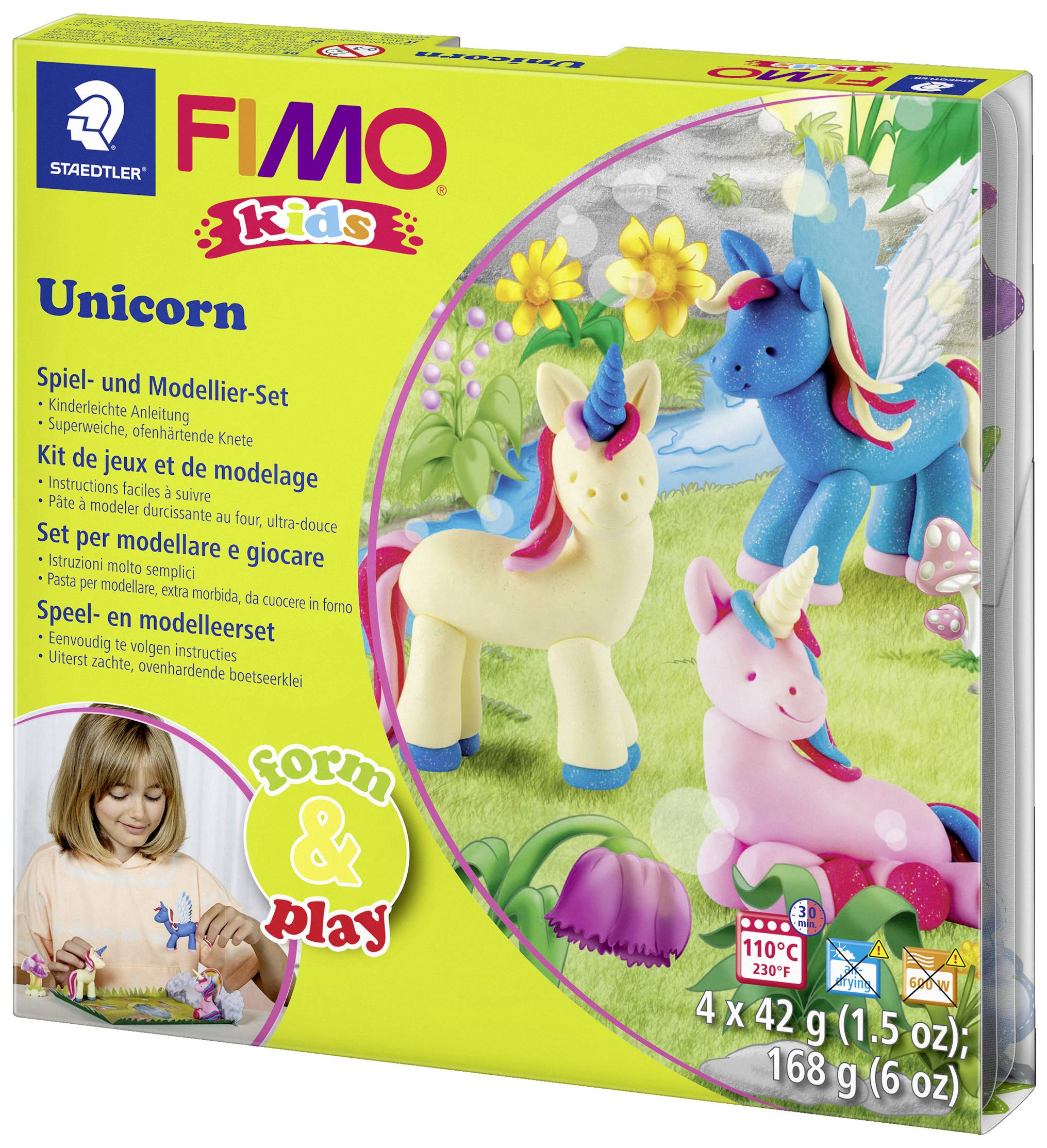 Emballage d'un kit de jeu et de modelage FIMO Kids 'Licorne'. Contient de la pâte à modeler colorée et des instructions pour créer des licornes.