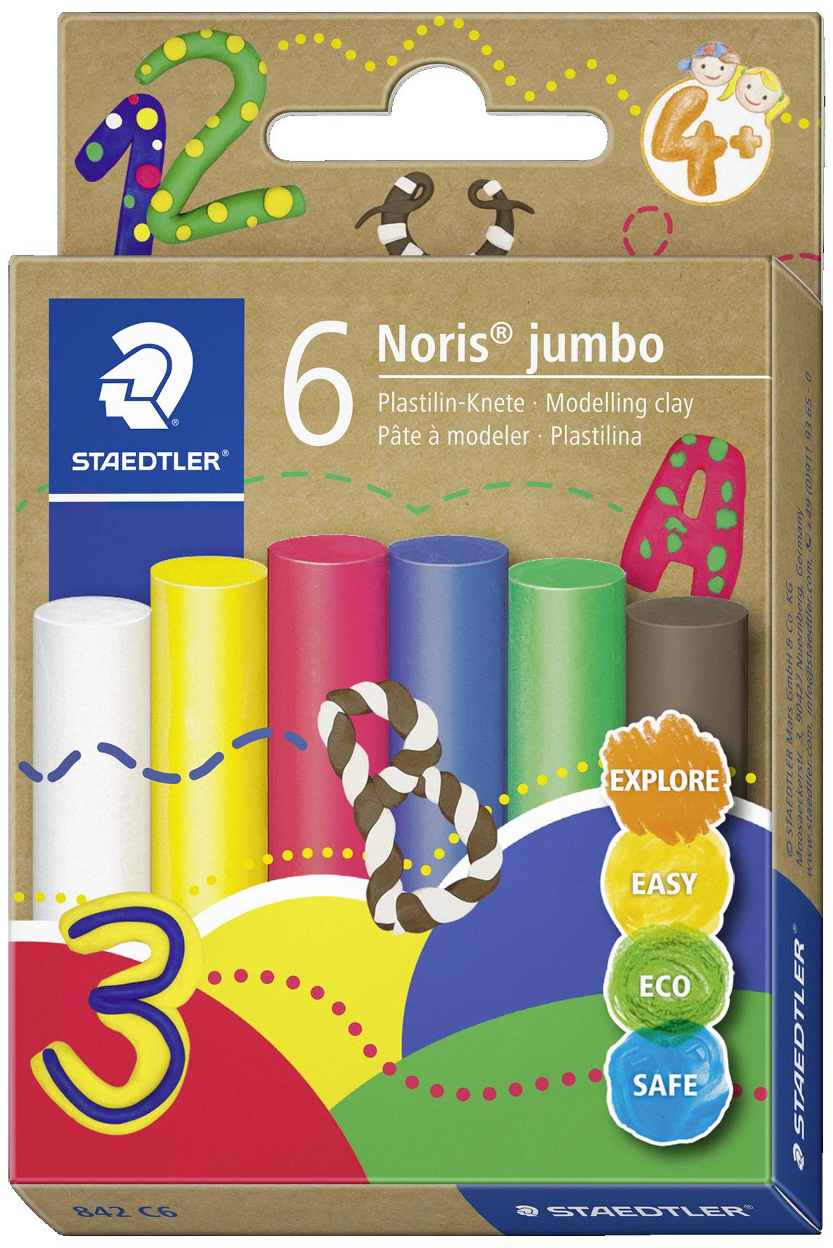 Emballage de Staedtler Noris Jumbo Pâte à modeler avec six bâtons colorés : blanc, jaune, rouge, vert, bleu, marron. Adapté pour les enfants.