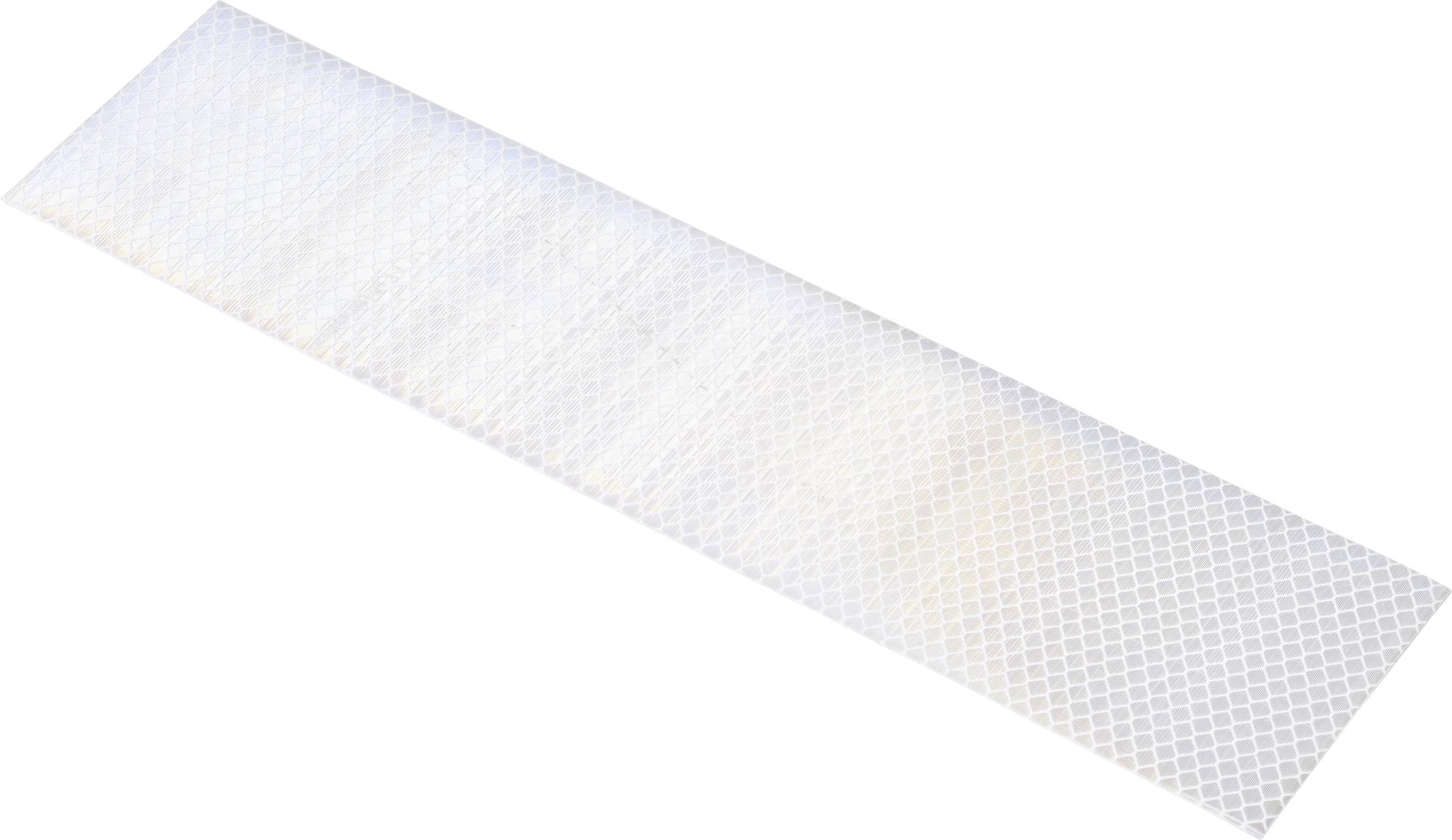 Ruban adhésif réfléchissant, long et rectangulaire, avec un motif losangé blanc en surface. Adapté aux applications de sécurité.