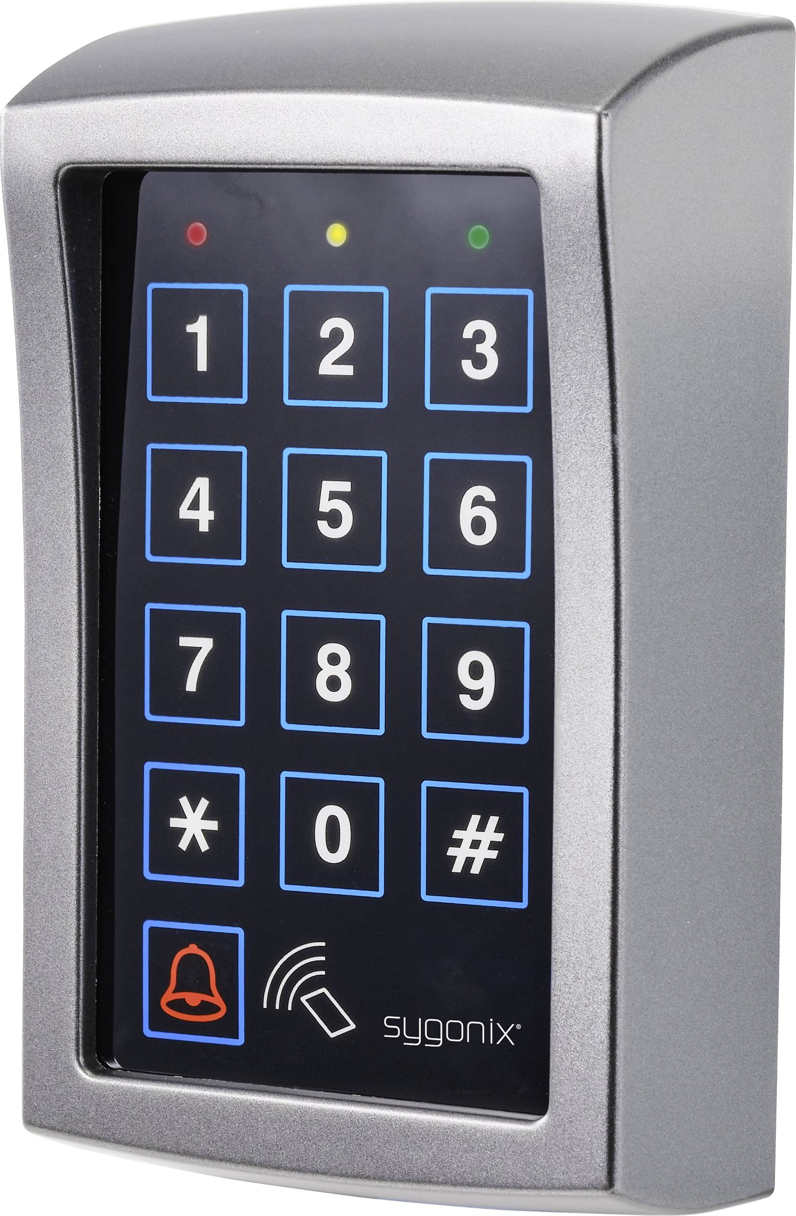 Serrure électronique à code avec clavier rétroéclairé. Affiche les touches de 0 à 9, étoile et dièse. Couleurs : boîtier argenté, rétroéclairage bleu des touches.