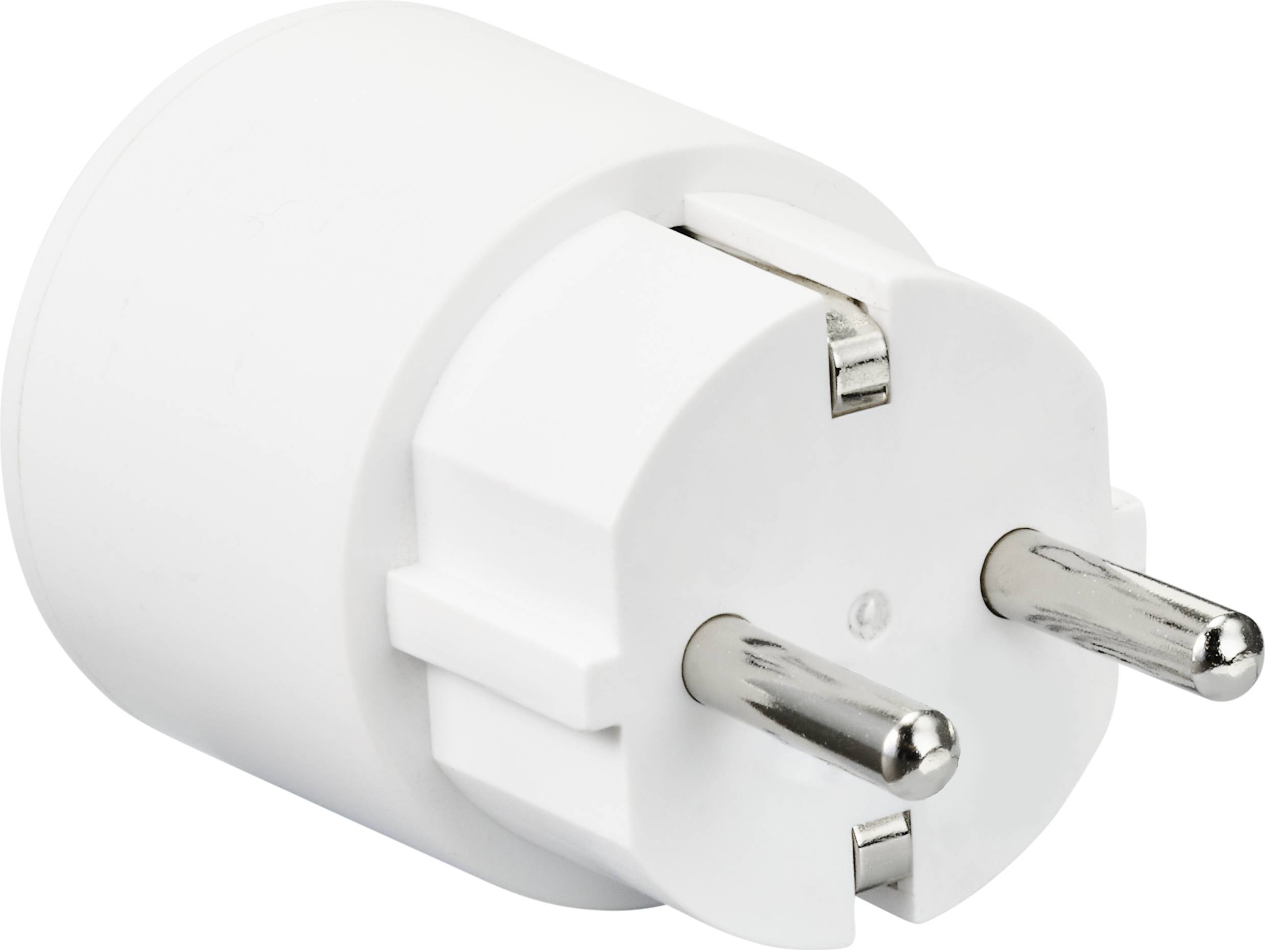 Un adaptateur de prise européenne blanc avec deux broches métalliques, utilisé pour connecter des appareils européens aux prises électriques.