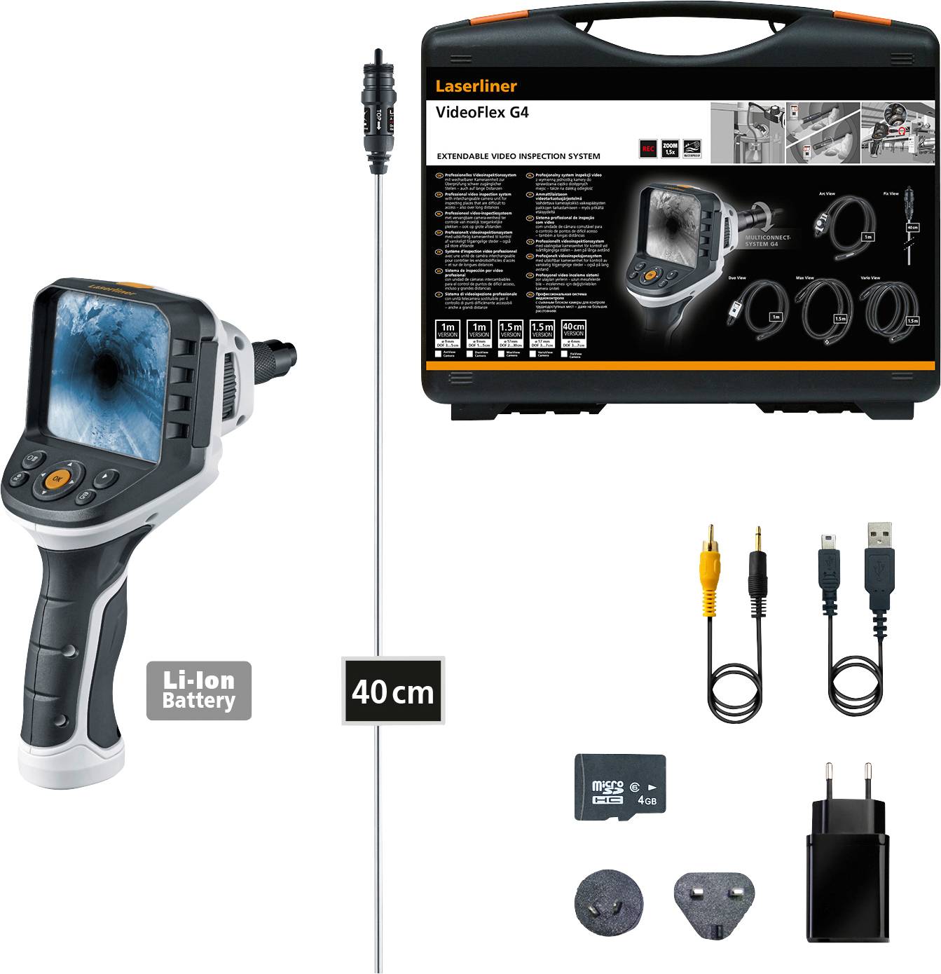Ensemble 'Laserliner Videoflex G4' : système portable d'inspection vidéo avec sonde de 40 cm, batterie, cartes mémoire, câbles et adaptateur de charge.