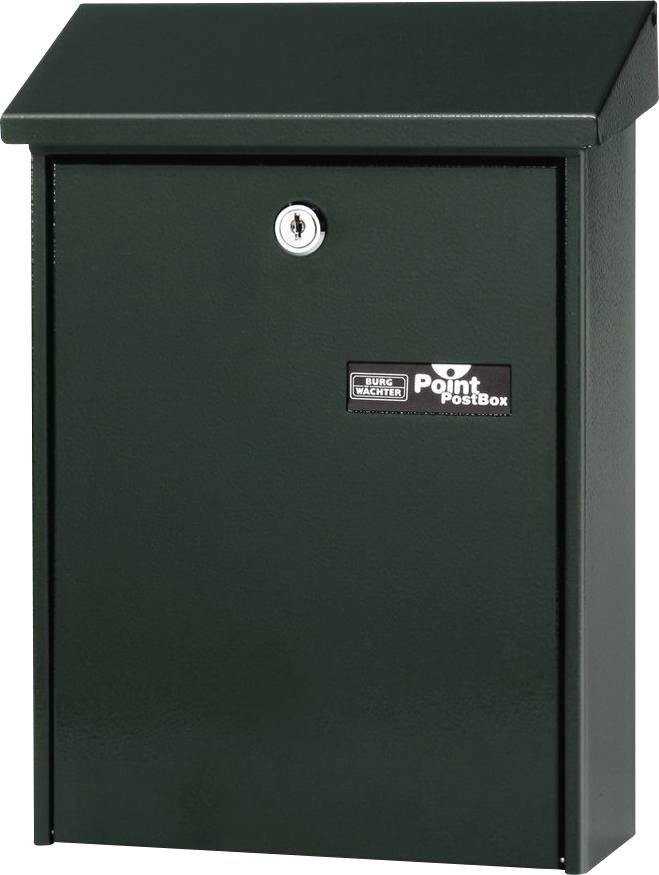 Boîte postale verte avec serrure et un panneau indiquant 'Point PostBox' sur un fond neutre.