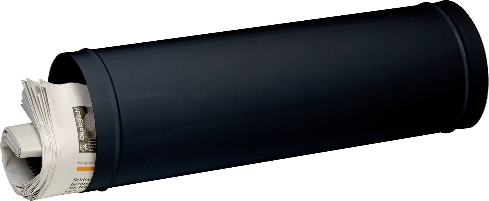 Un tube en carton noir contenant des journaux roulés et retirés.