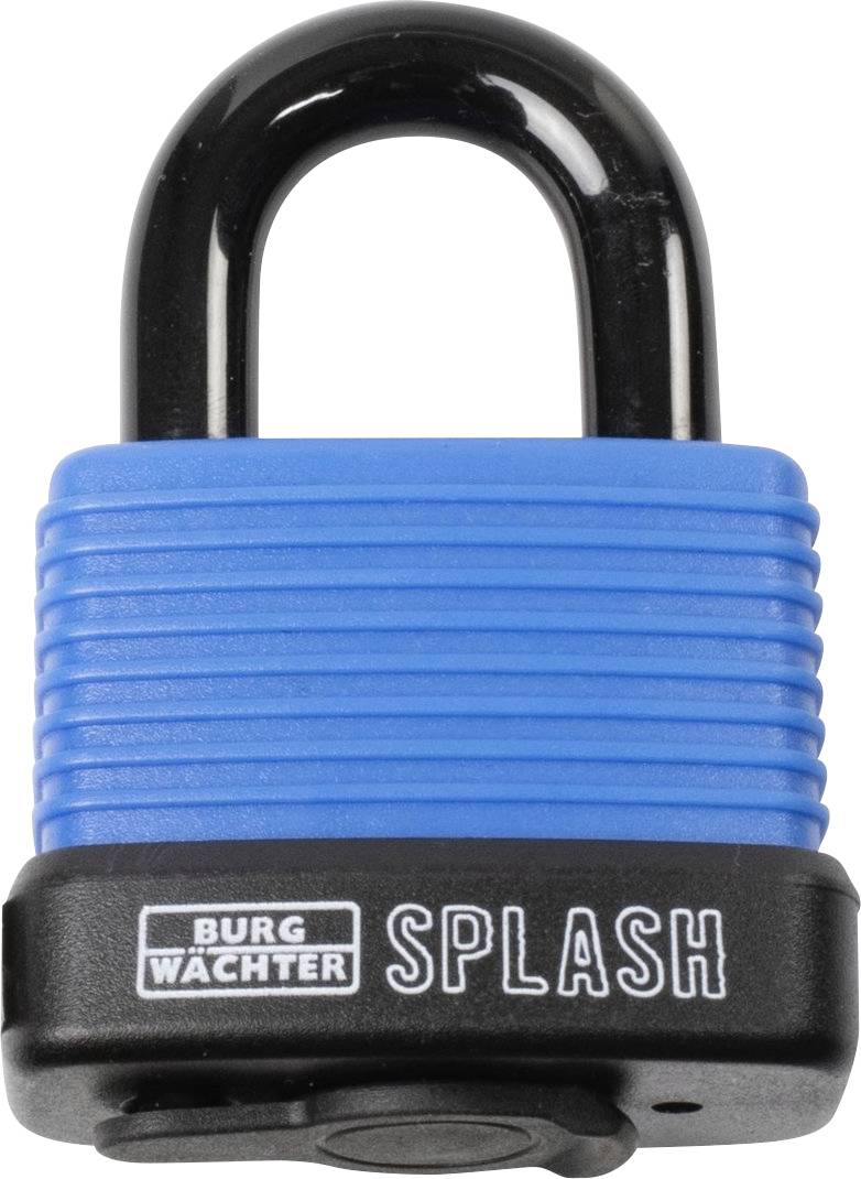 Un cadenas bleu-noir de la marque 'Burg Wächter Splash' avec un arceau métallique, adapté pour une utilisation en extérieur.