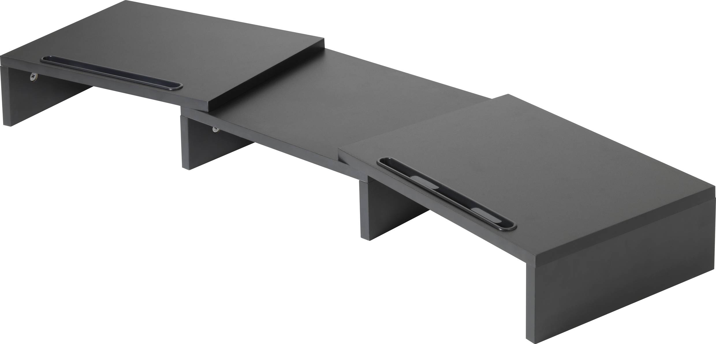 Un support de moniteur en bois noir à trois niveaux, utilisé pour positionner un écran à une hauteur surélevée sur un bureau.