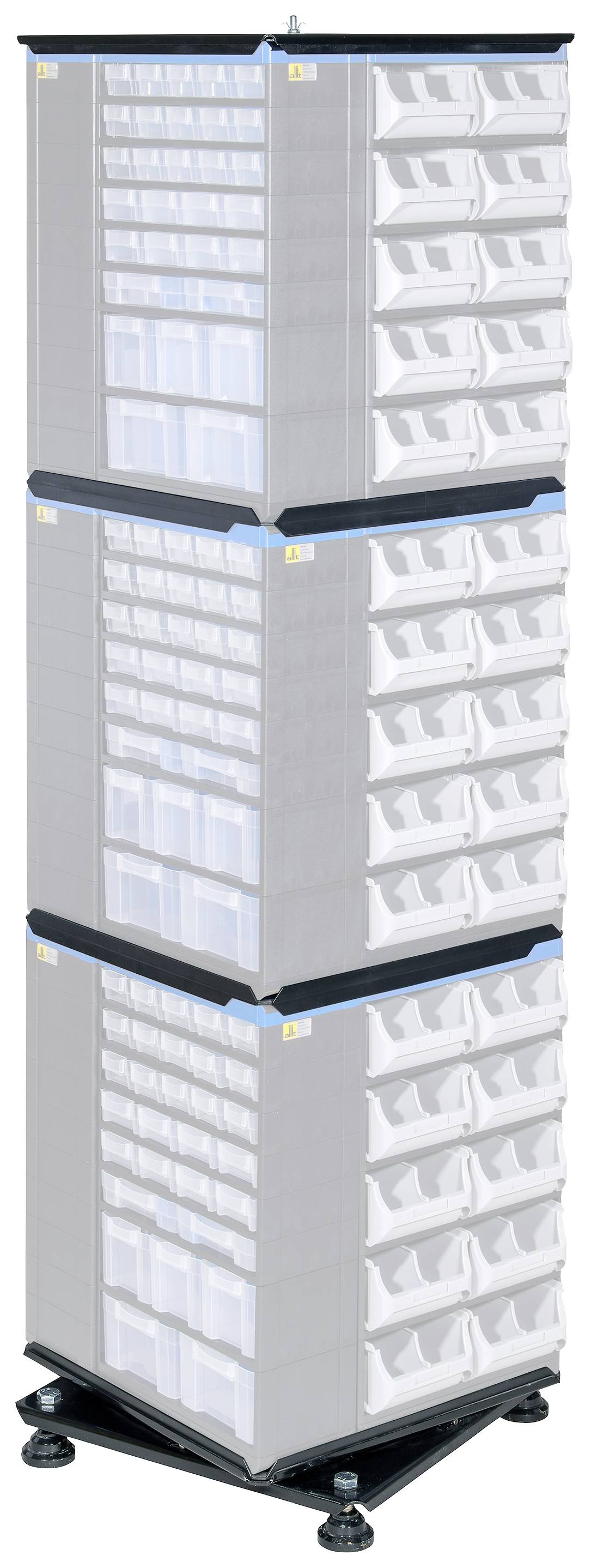 Tour de rangement pivotante avec plusieurs tiroirs transparents, empilés sur trois niveaux. Adapté pour les besoins d'atelier.