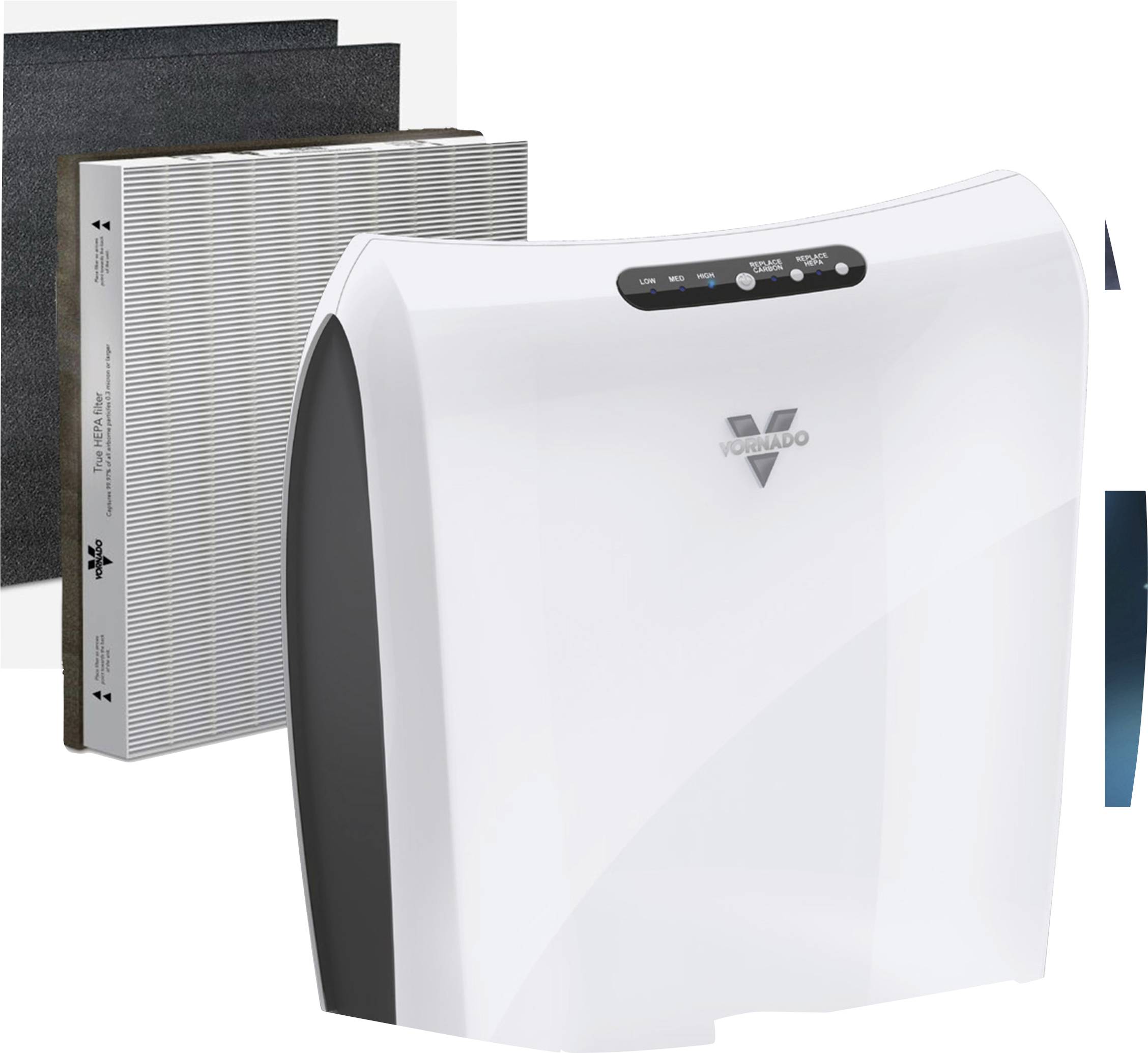 Un purificateur d'air blanc aux lignes épurées, accompagné de filtres interchangeables. Adapté aux espaces intérieurs pour améliorer la qualité de l'air.