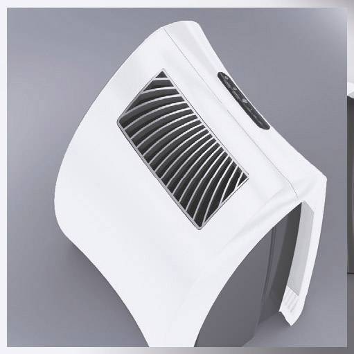 Un purificateur d'air blanc avec une grille de ventilation noire sur le dessus, placé sur un fond gris clair.