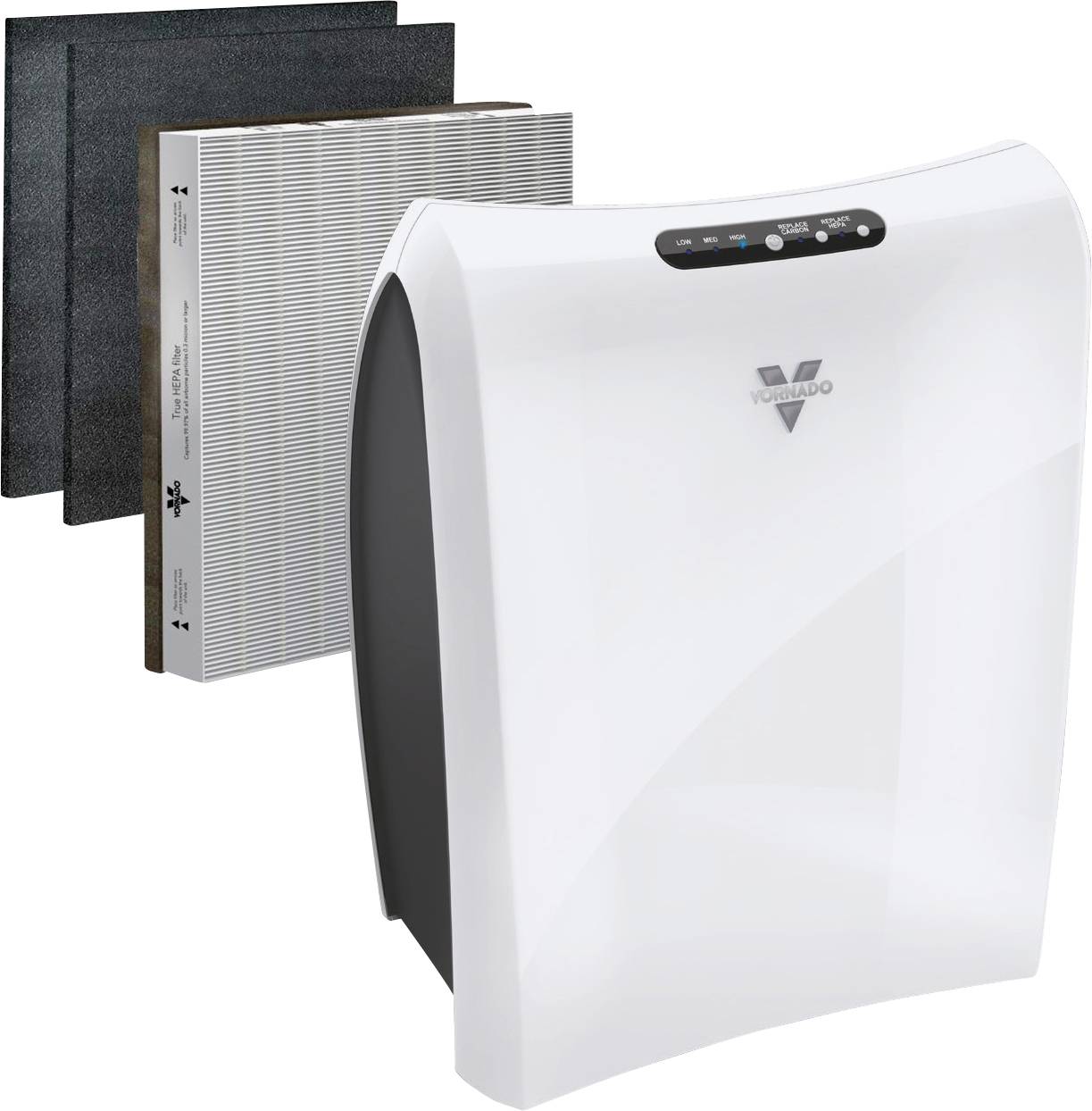 Un purificateur d'air blanc avec trois filtres interchangeables en arrière-plan. Le devant présente des commandes pour les réglages et les modes de fonctionnement.