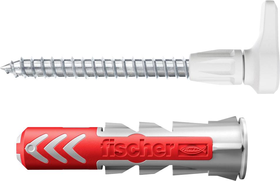 Une image montre un cheville rouge et argentée avec sa vis correspondante. Le nom du produit 'fischer' est gravé sur la cheville.