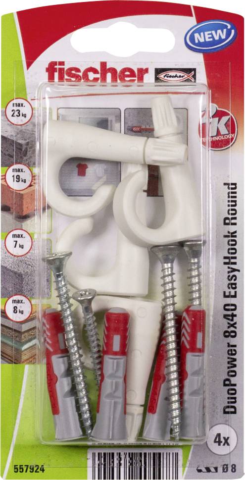 Ensemble 'Fischer Duo Power 8x40 EasyHook Round' : Comprend 4 crochets, chevilles et vis. Adapté pour des charges jusqu'à 23 kg.