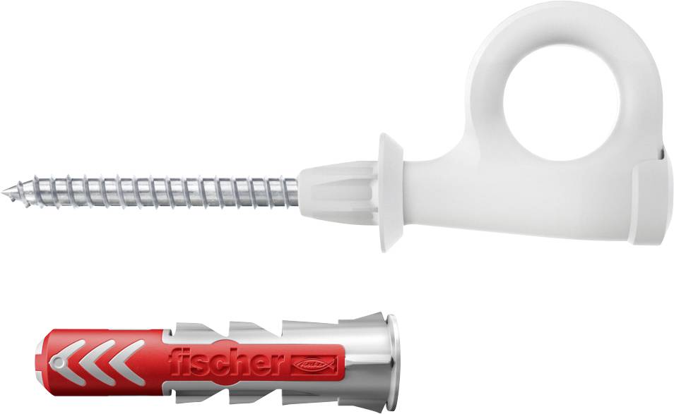 'Cheville et vis' montre une cheville en plastique rouge de la marque Fischer et une vis argentée avec un manche blanc.