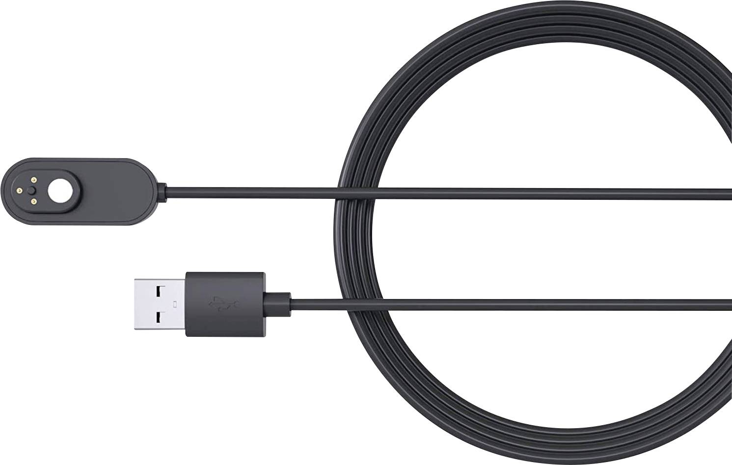 Câble de charge USB noir avec connecteur magnétique, adapté pour charger de petits appareils ou des montres connectées.
