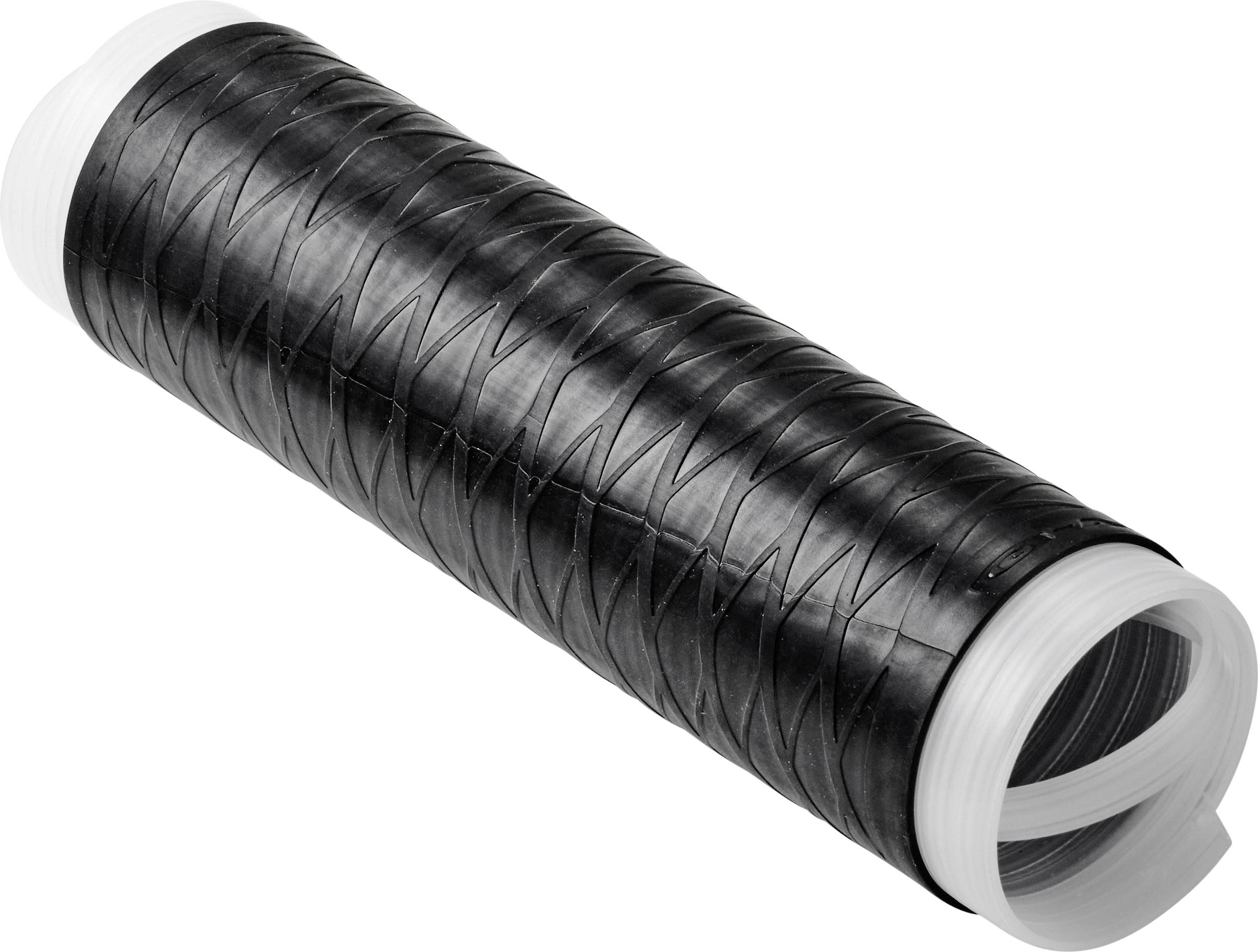 Un tuyau de ventilation noir et flexible, présentant un motif en spirale, enroulé avec des extrémités blanches, est positionné en diagonale.