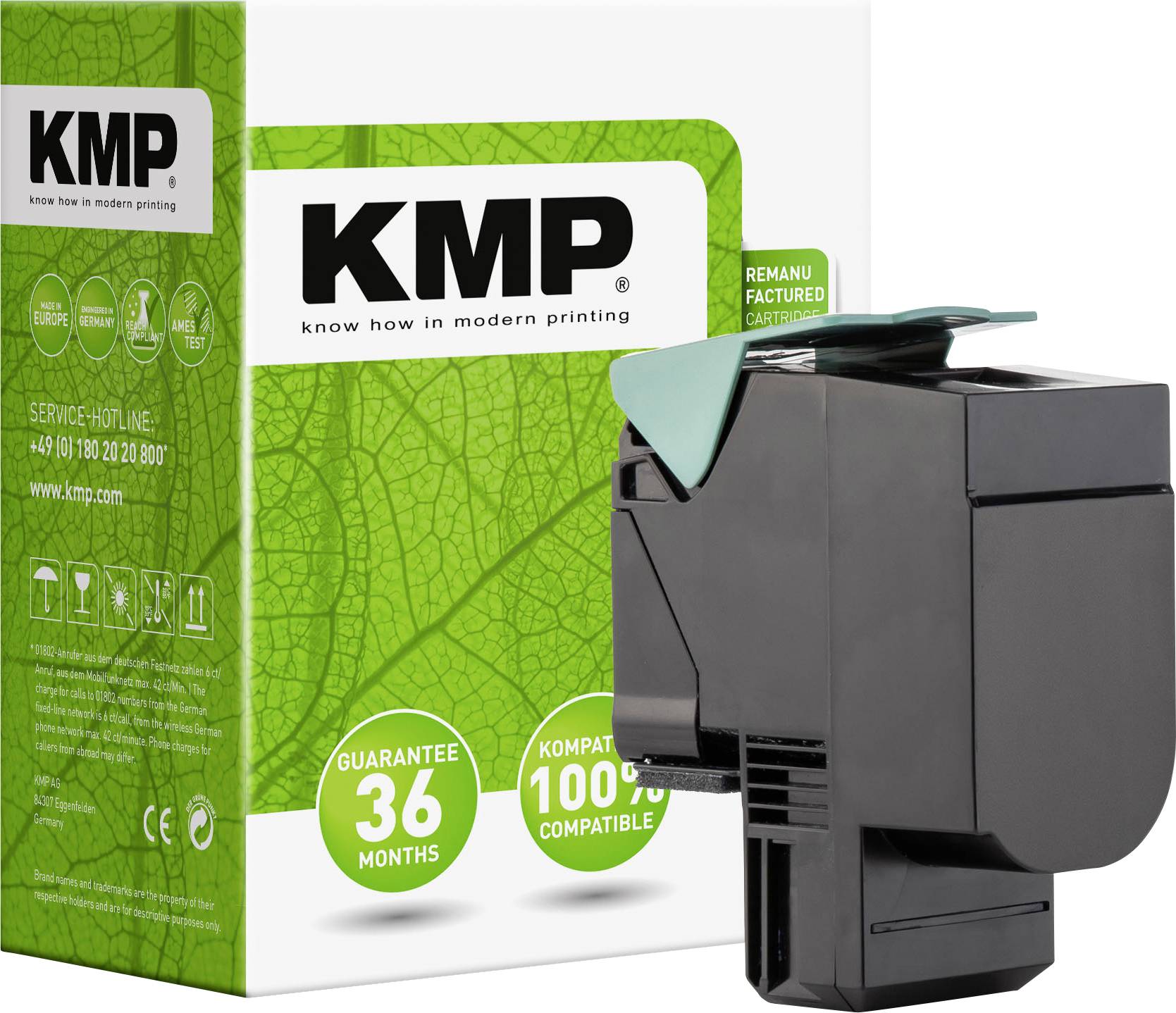 Cartouche d'encre KMP devant un emballage vert. Inscription : « Garantie 36 mois », « 100% compatible », recyclable.