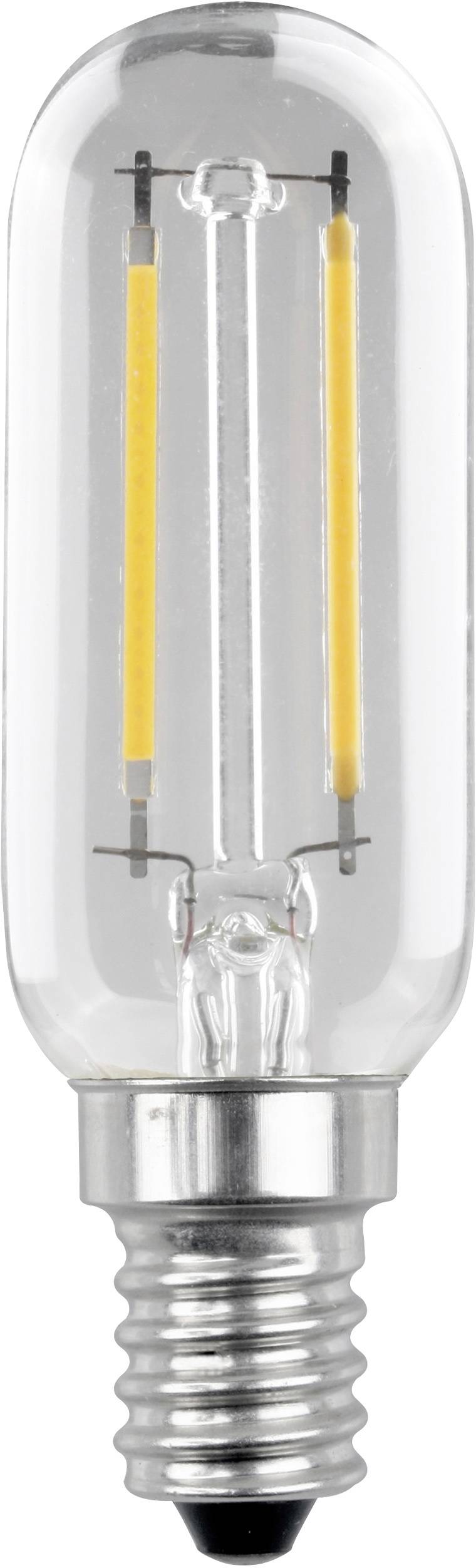 Ampoule LED en forme de cylindre, transparente, avec filaments apparents et culot E14. Adaptée pour un éclairage décoratif.