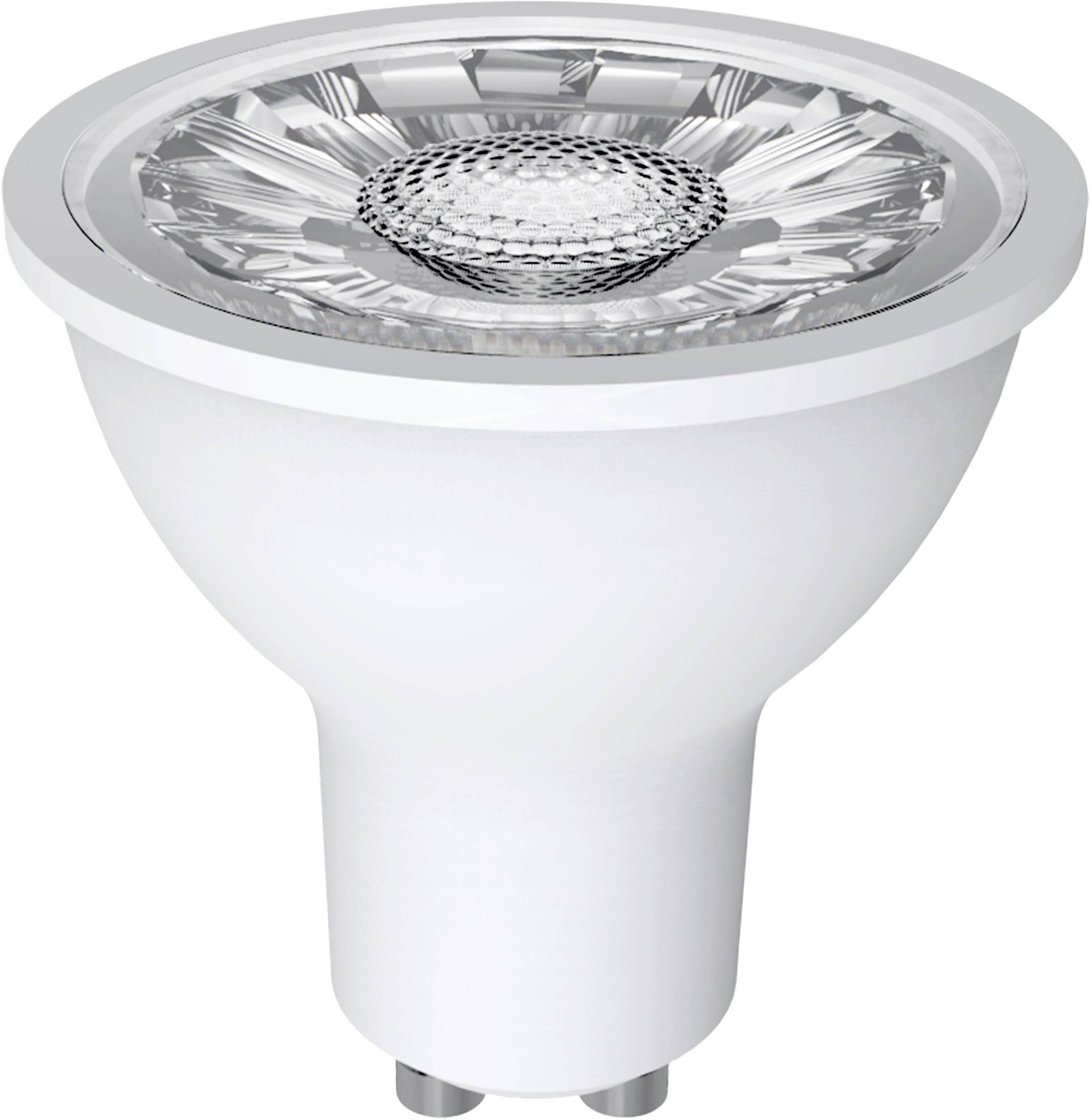 Une ampoule LED blanche à culot GU10, adaptée pour une utilisation dans les spots encastrés et les luminaires.