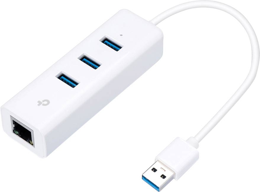 Hub USB blanc avec trois ports USB et un port Ethernet, connecté par un court câble avec une fiche USB.