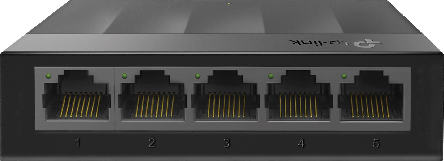 Un commutateur réseau noir avec cinq ports Ethernet, numérotés de 1 à 5, tous équipés de voyants LED verts.